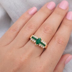 14k Yellow Gold 1ct Marquise w/ Round Emerald & Diamond Pyrmaid Band Ring
