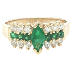 14k Yellow Gold 1ct Marquise w/ Round Emerald & Diamond Pyrmaid Band Ring