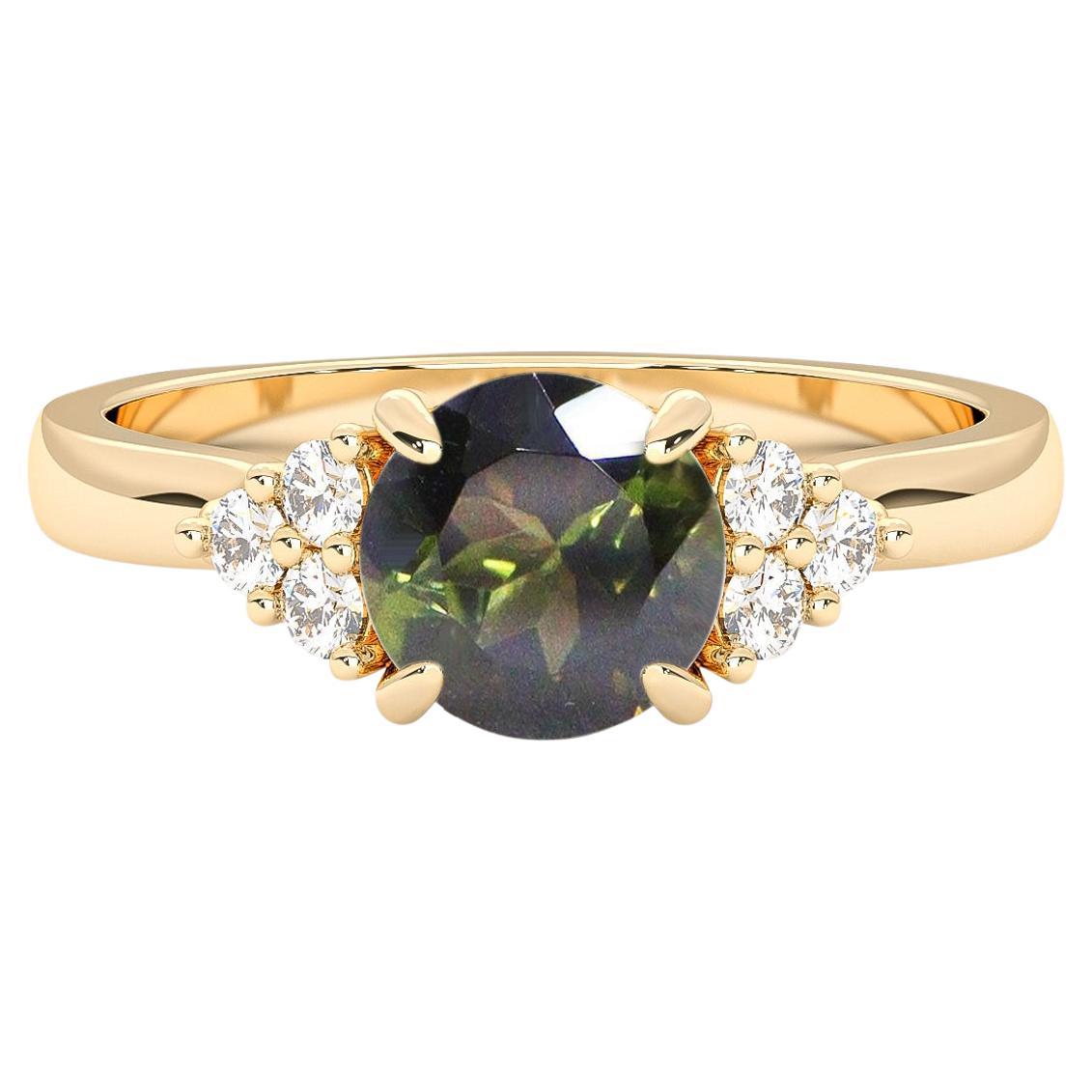 14k Yellow Gold 1ct Natural Green Tourmaline & Diamond(.165t.c.) Engagement Ring