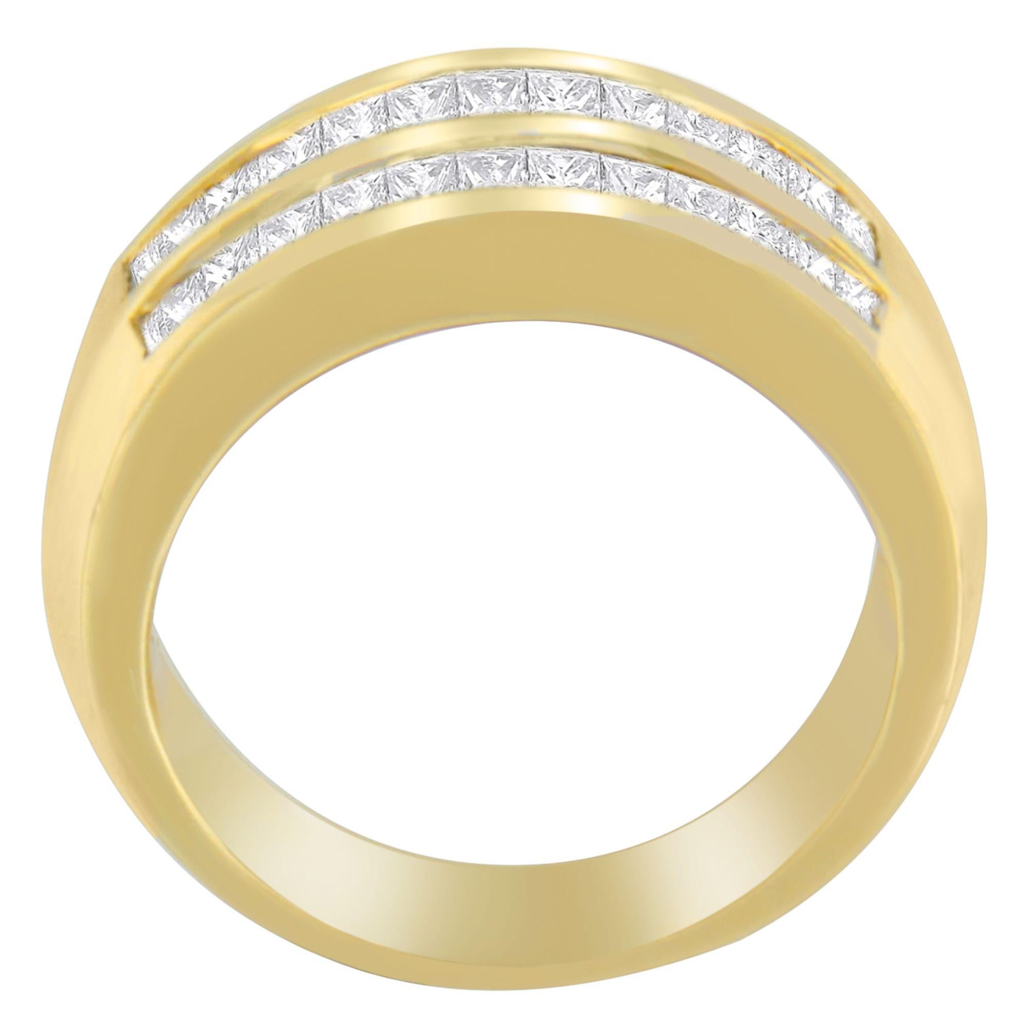 Beautiful 14KT yellow gold ring with princess- and baguette-cut natural diamonds. The sparkling stones are placed in a channel setting which forms a chic and elegant design. This piece works for any number of occasions, as a thoughtful gift or as a