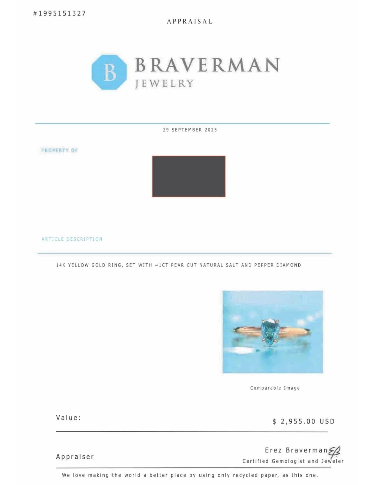 Bague en or jaune 14K avec diamant poire en forme de sel et de poivre naturel 1CTW Taille 4.25 en vente 3