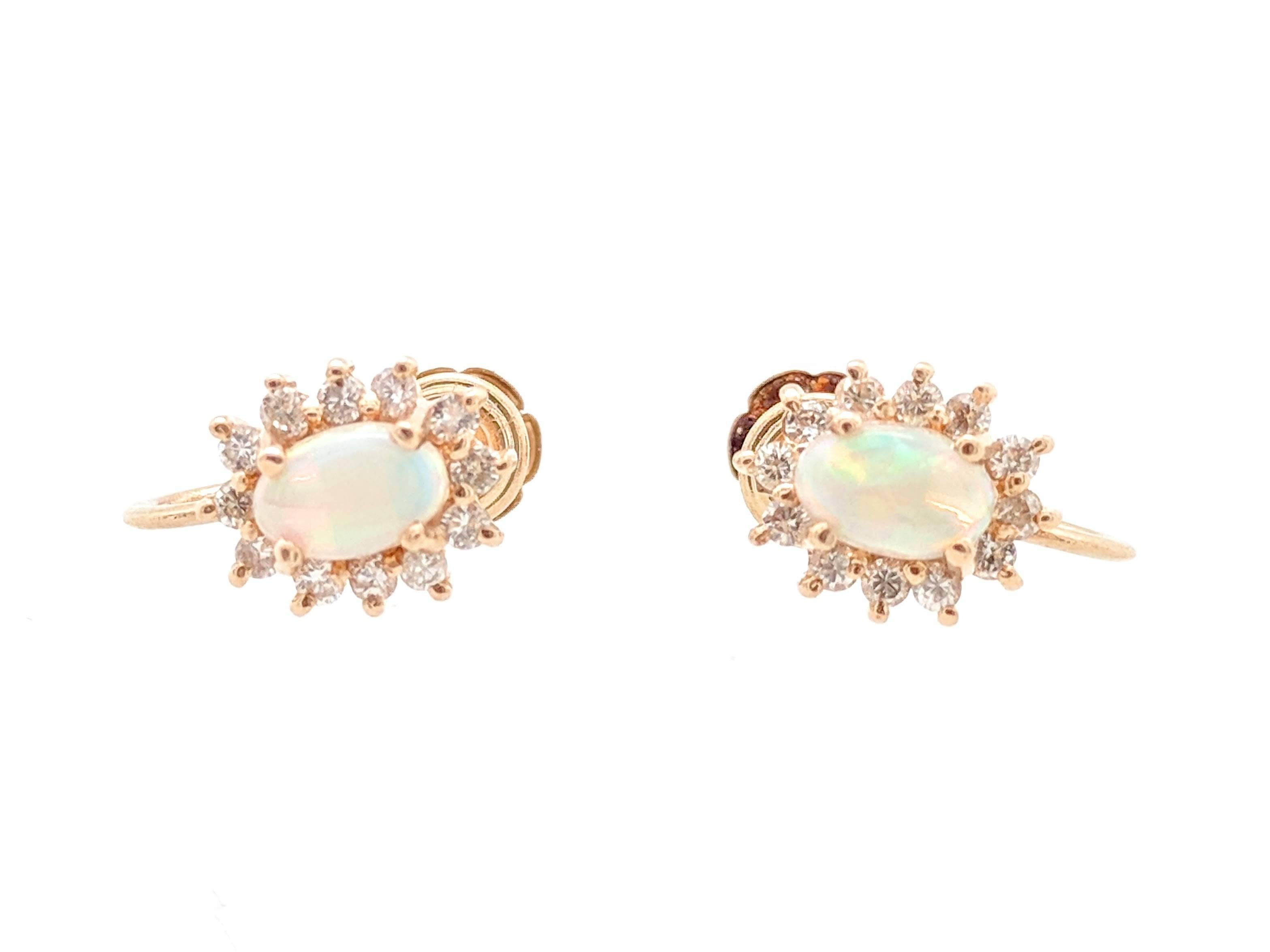 Oval Cut 14 Karat Yellow Gold 1 Carat Opal and Diamond Screw Back 'Non-Pierced' Earrings