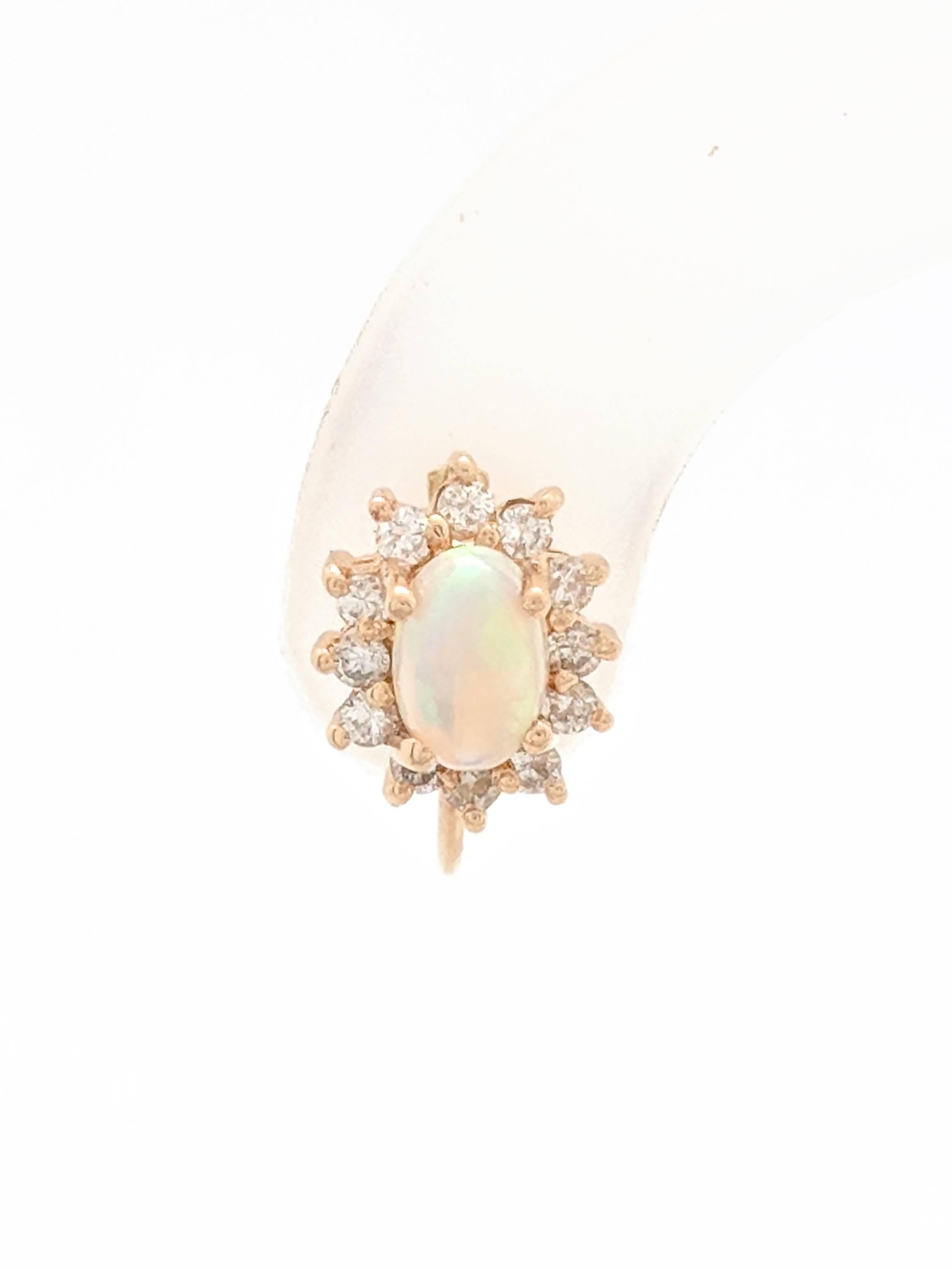 Women's 14 Karat Yellow Gold 1 Carat Opal and Diamond Screw Back 'Non-Pierced' Earrings