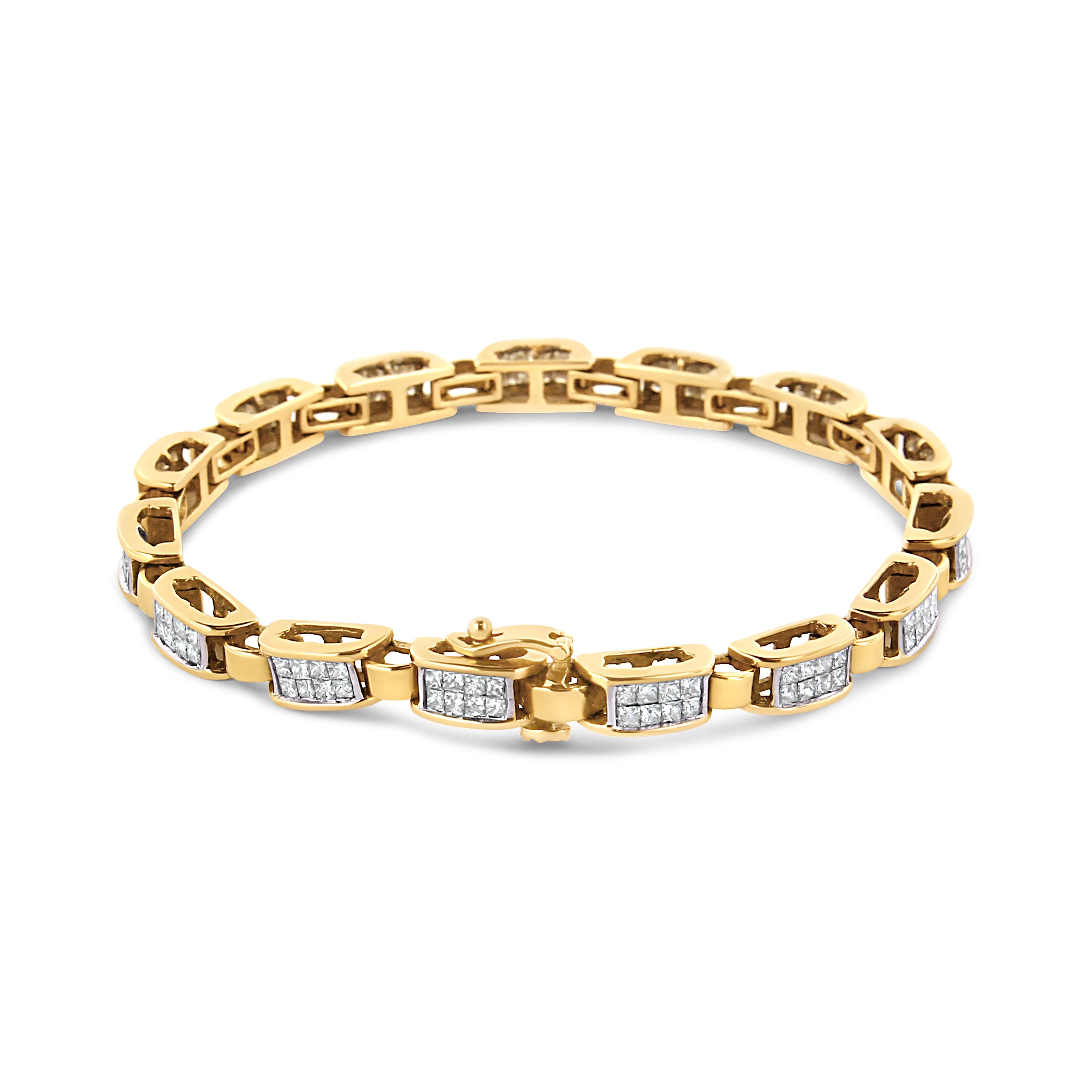 This geometric pattern link bracelet is a timeless piece. Small yellow gold bands link with larger bands inlaid with eight princess cut diamonds. 2 1/2ct TDW in diamonds shine in this design. A box with clasp mechanism keeps this 14k yellow gold