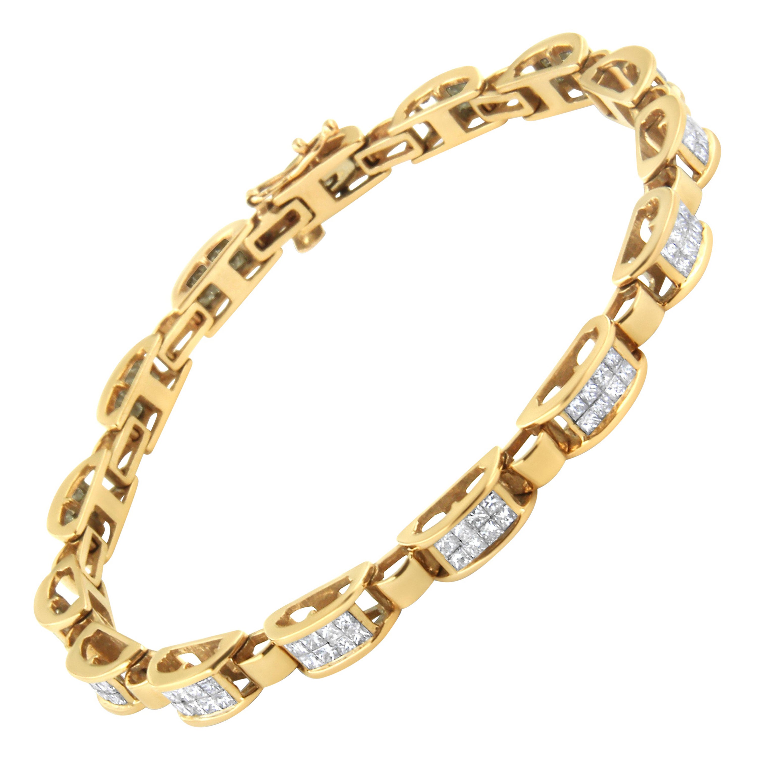 Bracelet tennis à maillons en or jaune 14 carats avec diamants taille princesse de 2 1/2 carats