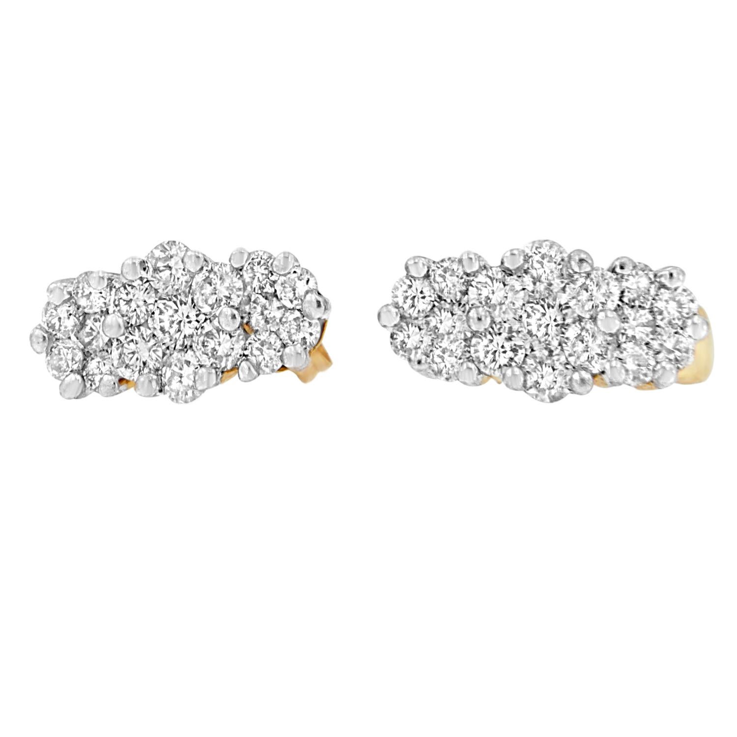 Contemporary 14K Yellow Gold 2 1/20 Carat Round-Cut Diamond Cluster Earrings For Sale