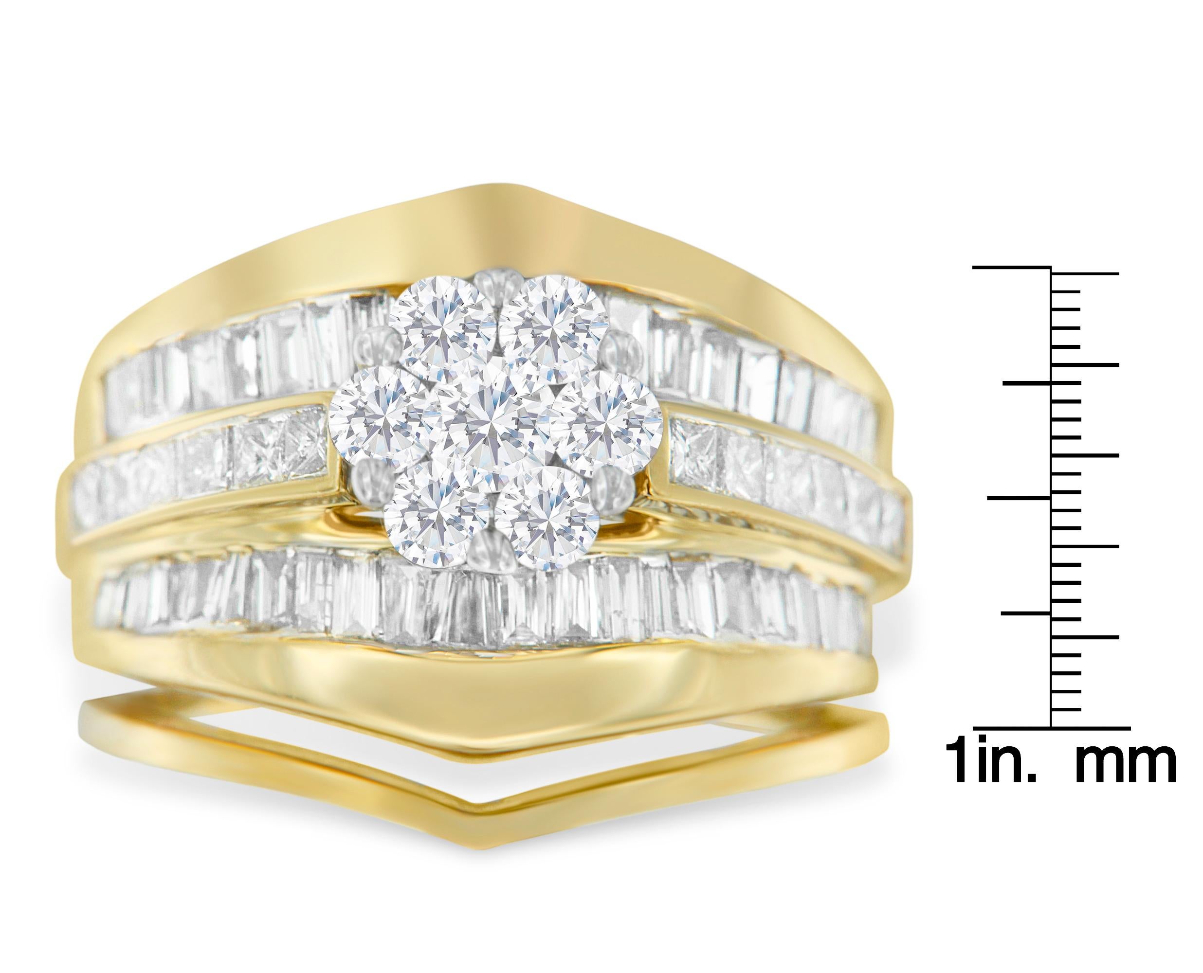For Sale:  14K Yellow Gold 2-1/3 Carat Diamond Cluster Chevron Shaped Band Engagement Ring 8