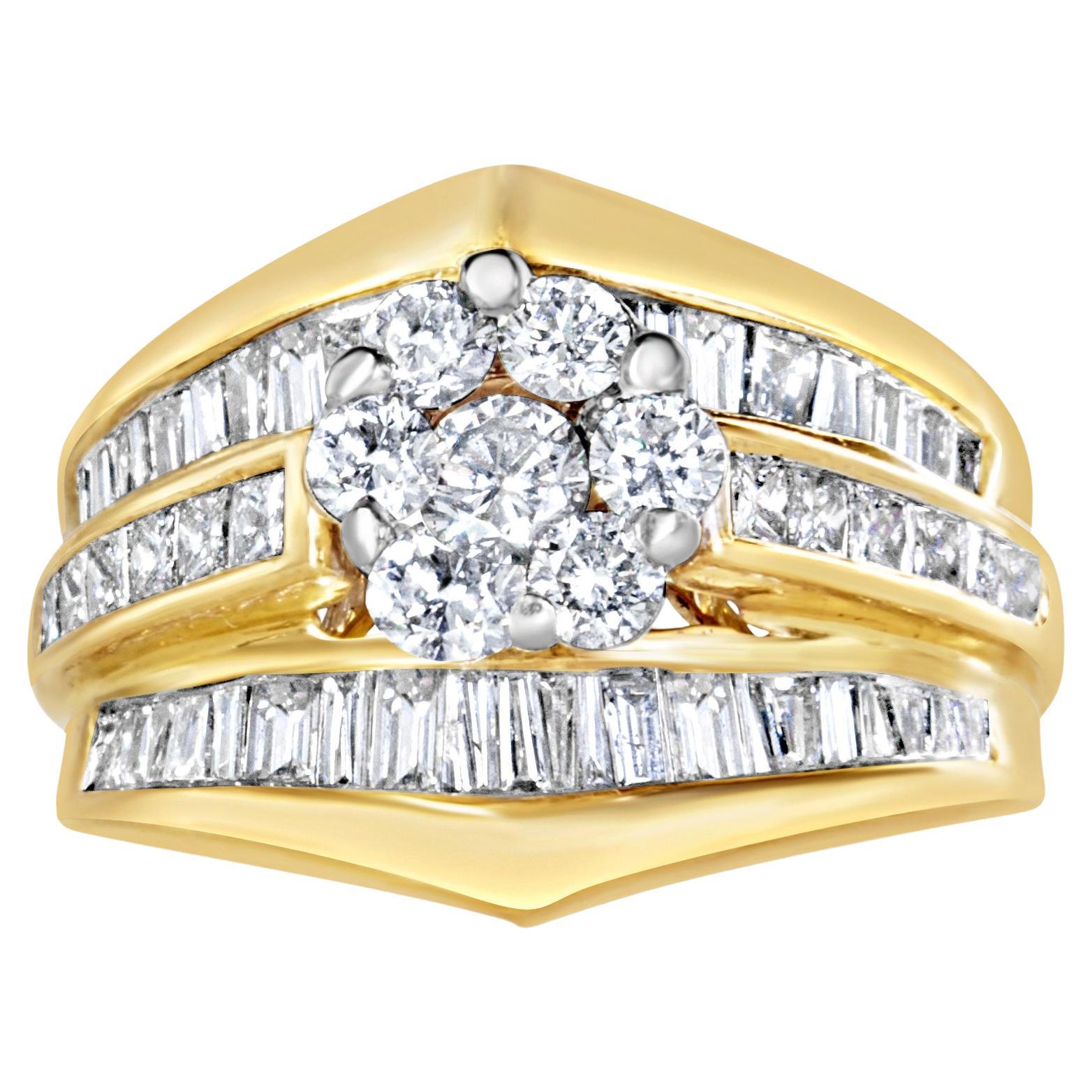 14K Yellow Gold 2-1/3 Carat Diamond Cluster Chevron Shaped Band Engagement Ring