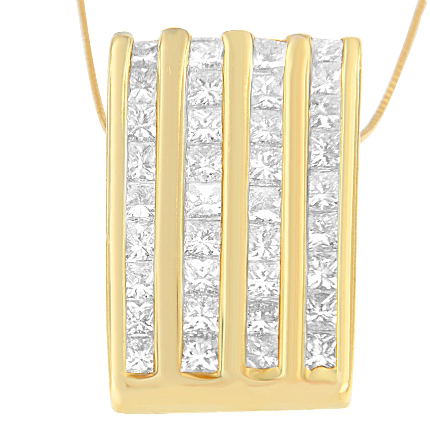 This radiant block pendant is adorned with over two carats of princess cut diamonds for truly brilliant style. Set off by 14 karat yellow gold bands in between, it's a piece that always gets noticed. This beautiful necklace includes 18” box chain