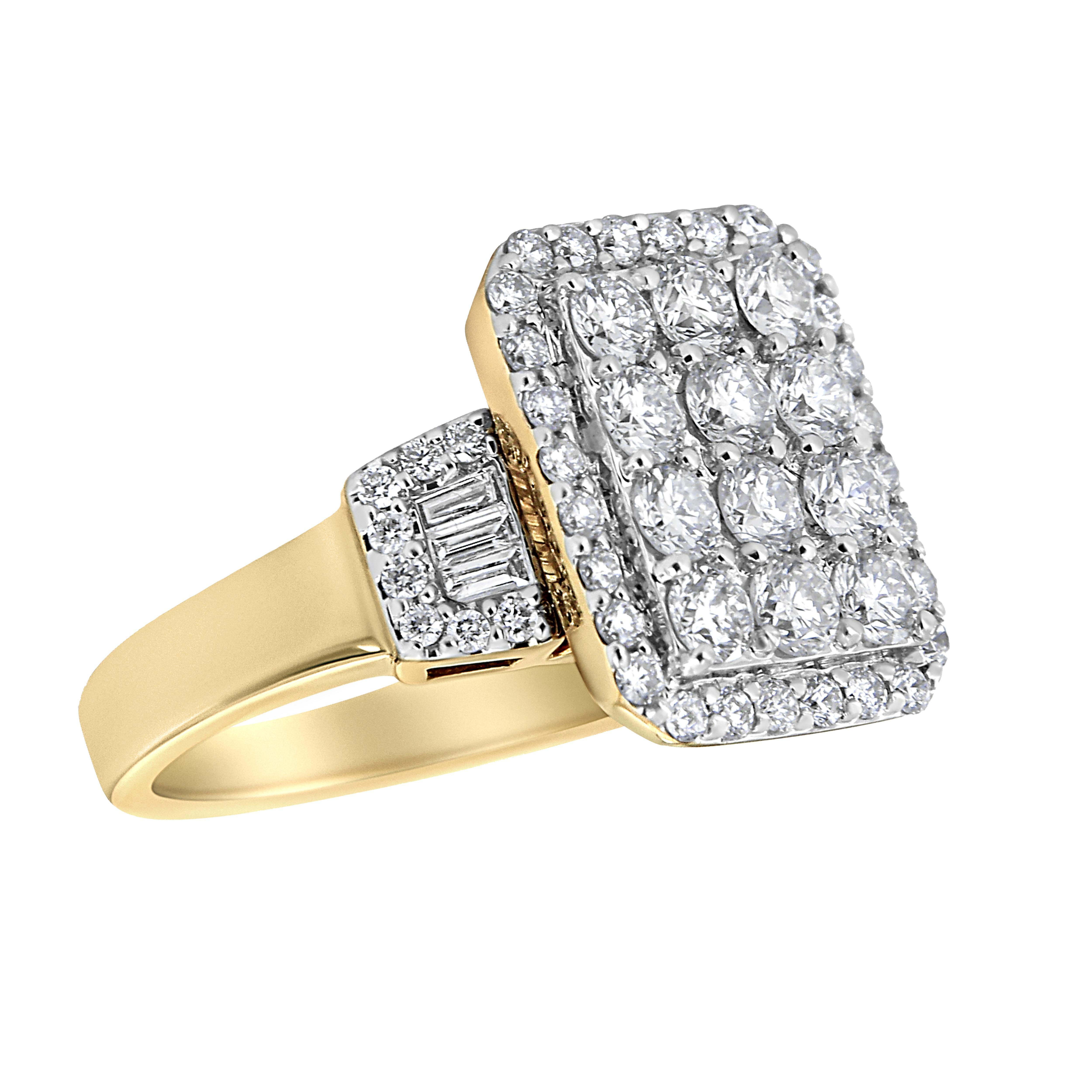Bold and brilliant, this 14k yellow gold cocktail ring is a statement piece and will catch the eye of every onlooker. With a total carat weight of 2 1/4 cttw, this ring will add glamour to every one of your outfits. Round-cut diamonds are