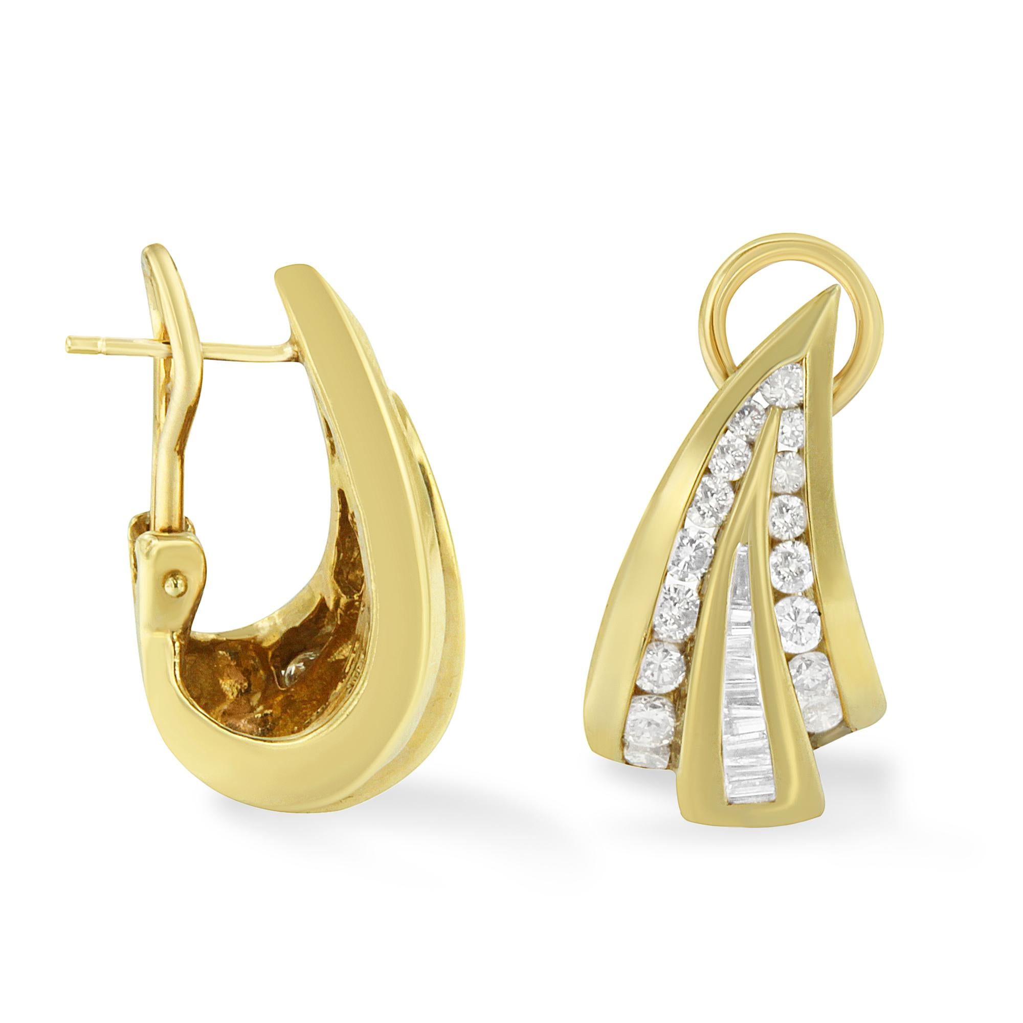 Treat her to this pair of sweeping huggie earrings cast in high quality 14k yellow gold and channel set with round cut and baguette diamonds.  The unique style is sure to appeal to many tastes.  An omega clasp will keep these treasures secure.