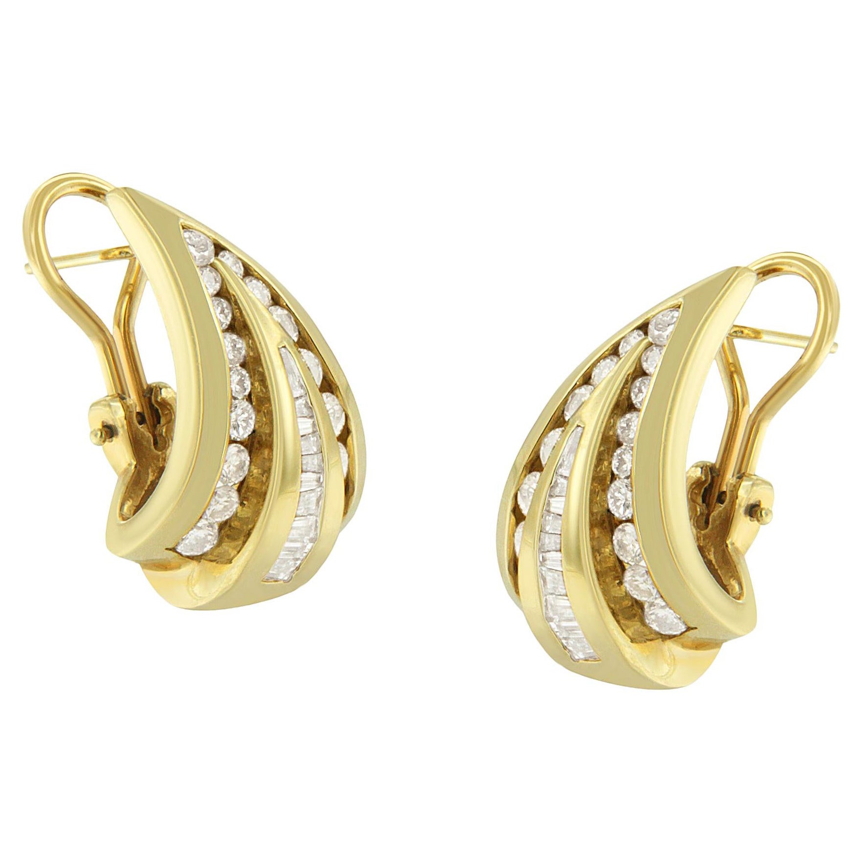 14K Gelbgold 2 1/4 Karat Diamant-Ohrringe mit rundem und Baguetteschliff