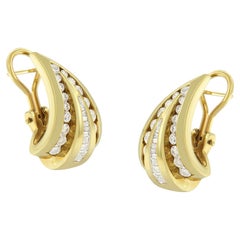 14K Yellow Gold 2 1/4 Carat Round and Baguette Cut Diamond Hoop Earrings