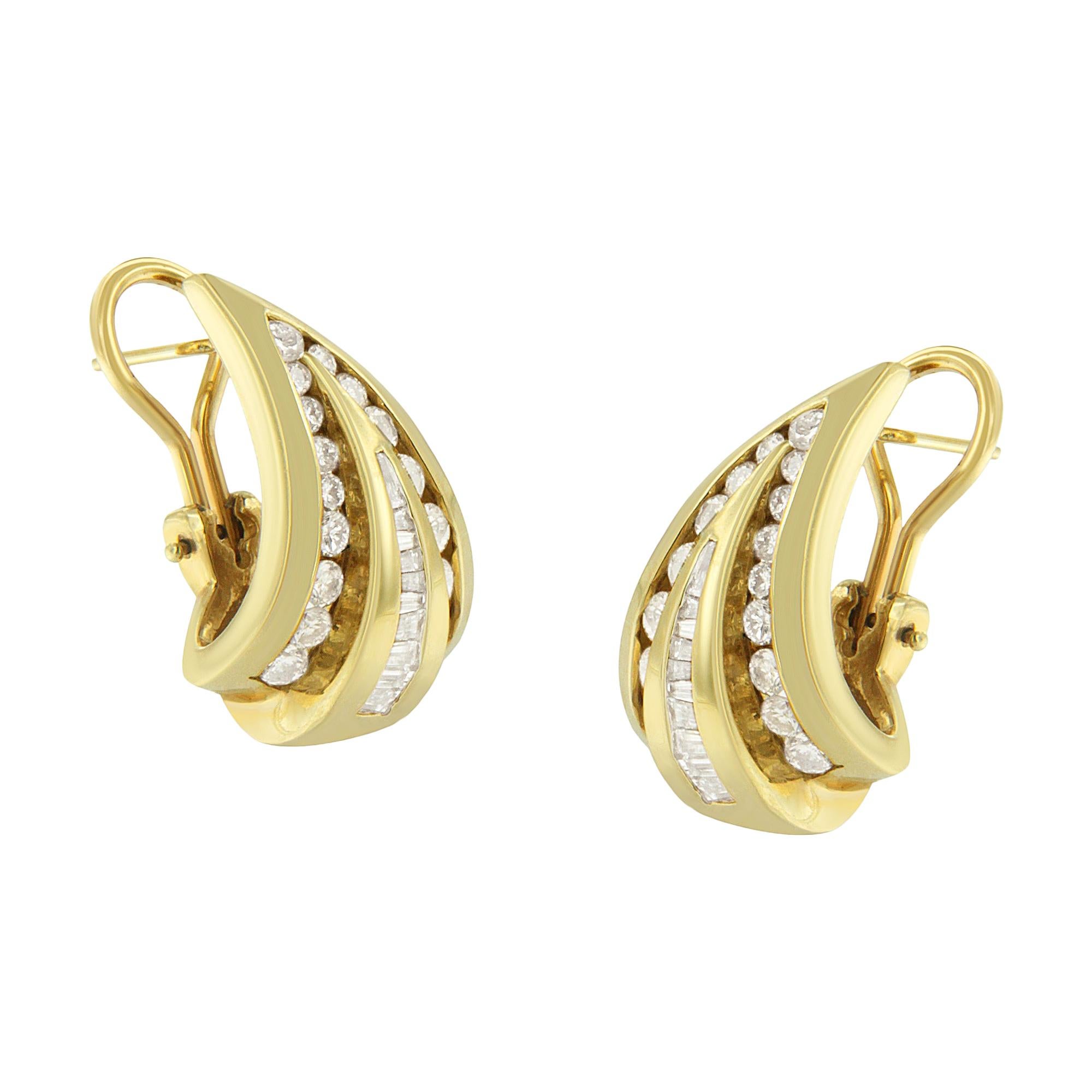 14K Yellow Gold 2 1/4 Cttw Round and Baguette Cut Diamond Hoop Earrings