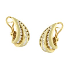 14K Yellow Gold 2 1/4 Cttw Round and Baguette Cut Diamond Hoop Earrings