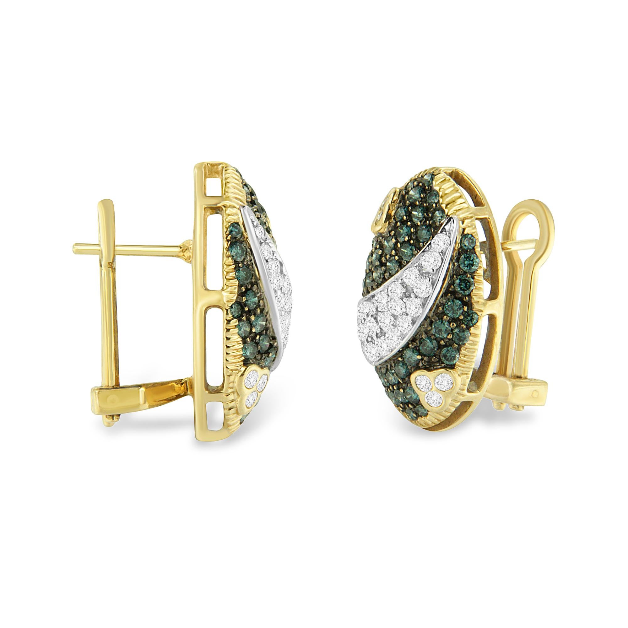 Moderne Boucles d'oreilles énormes en or jaune 14 carats avec diamants bleus et blancs traités 2 1/4 carats en vente