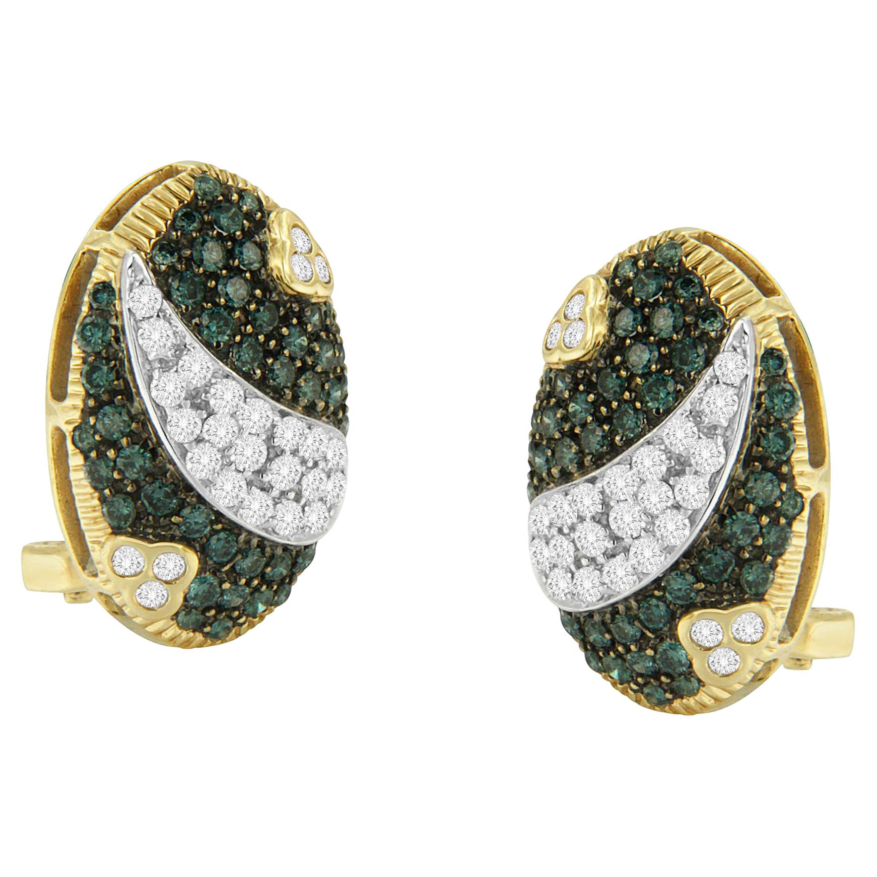Boucles d'oreilles énormes en or jaune 14 carats avec diamants bleus et blancs traités 2 1/4 carats en vente
