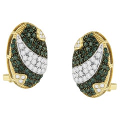 14K Yellow Gold 2 1/4 Cttw Treated Blue and White Diamond Shield Huggy Earrings