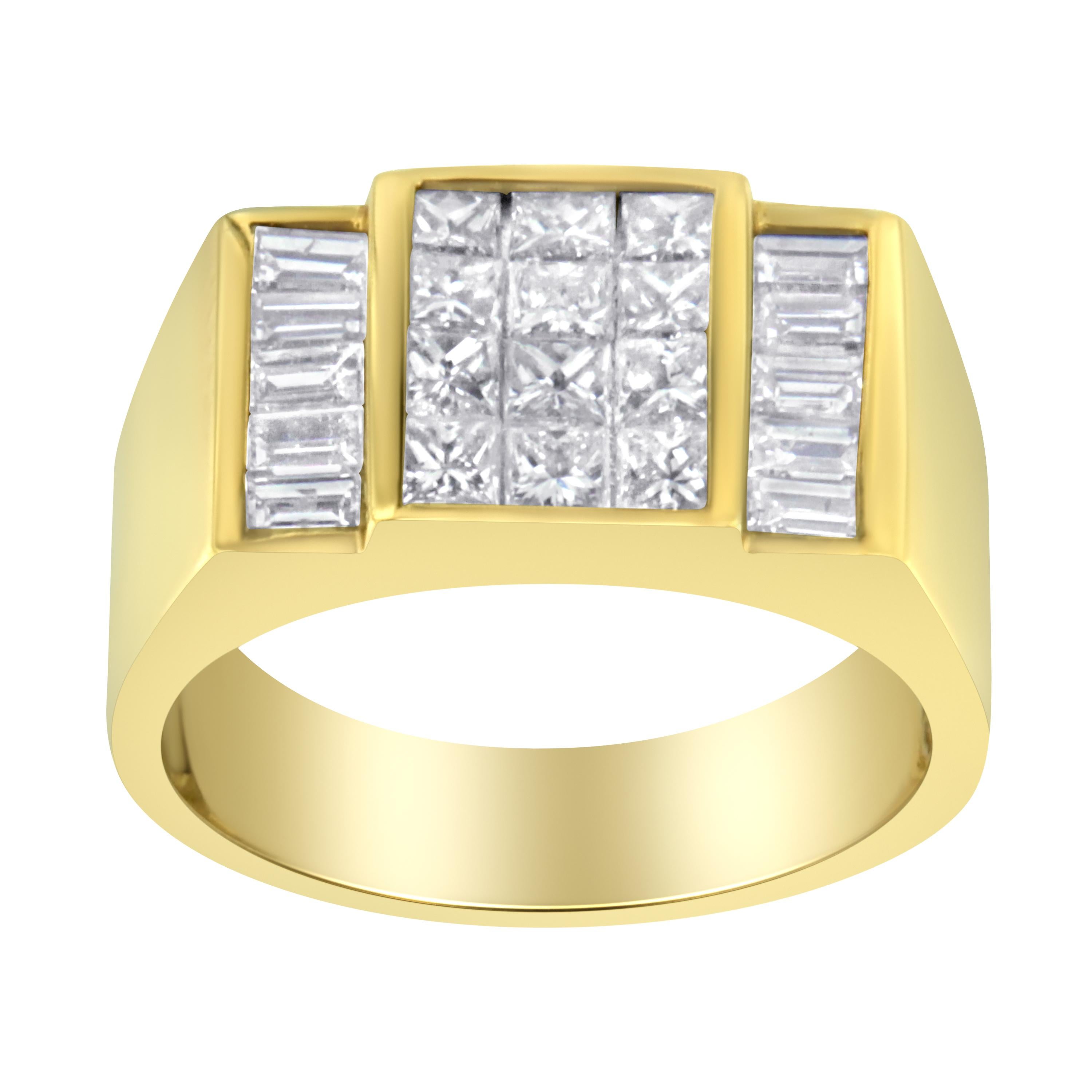 Honor your promises and present him this lovely yet stunning diamond ring. Representing an elegant and solid design in a cluster pattern, the ring is composed of luster 14 karats yellow gold. It is beautifully adorned with sparkling princess cut