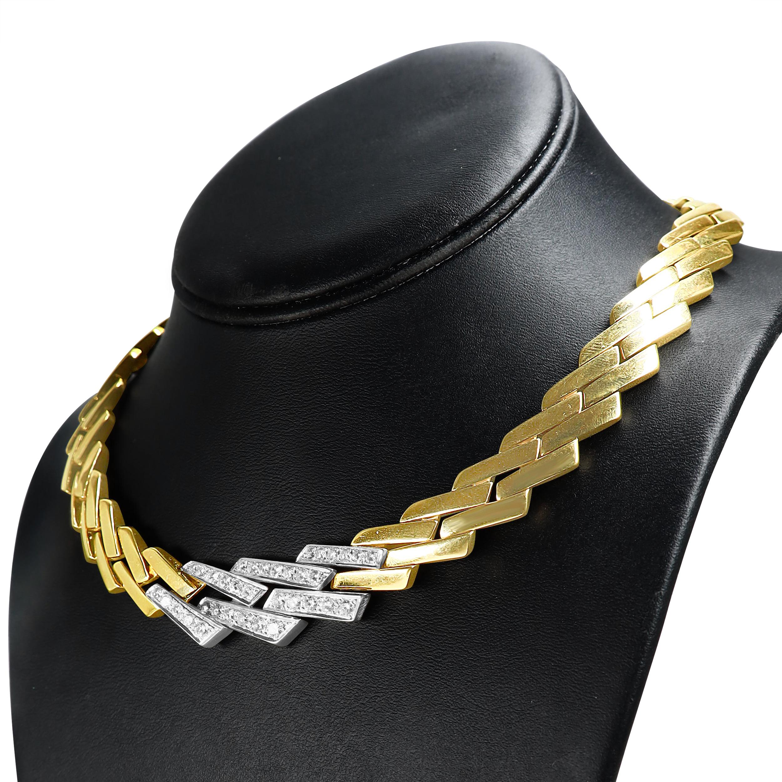 Go big and bold with this sleek women's Miami Cuban Curb Link Chain Necklace. This trendy necklace is represented in lustrous 14k yellow gold and is set with dazzling round-cut diamonds in a pave setting on the six center links. Boasting the perfect