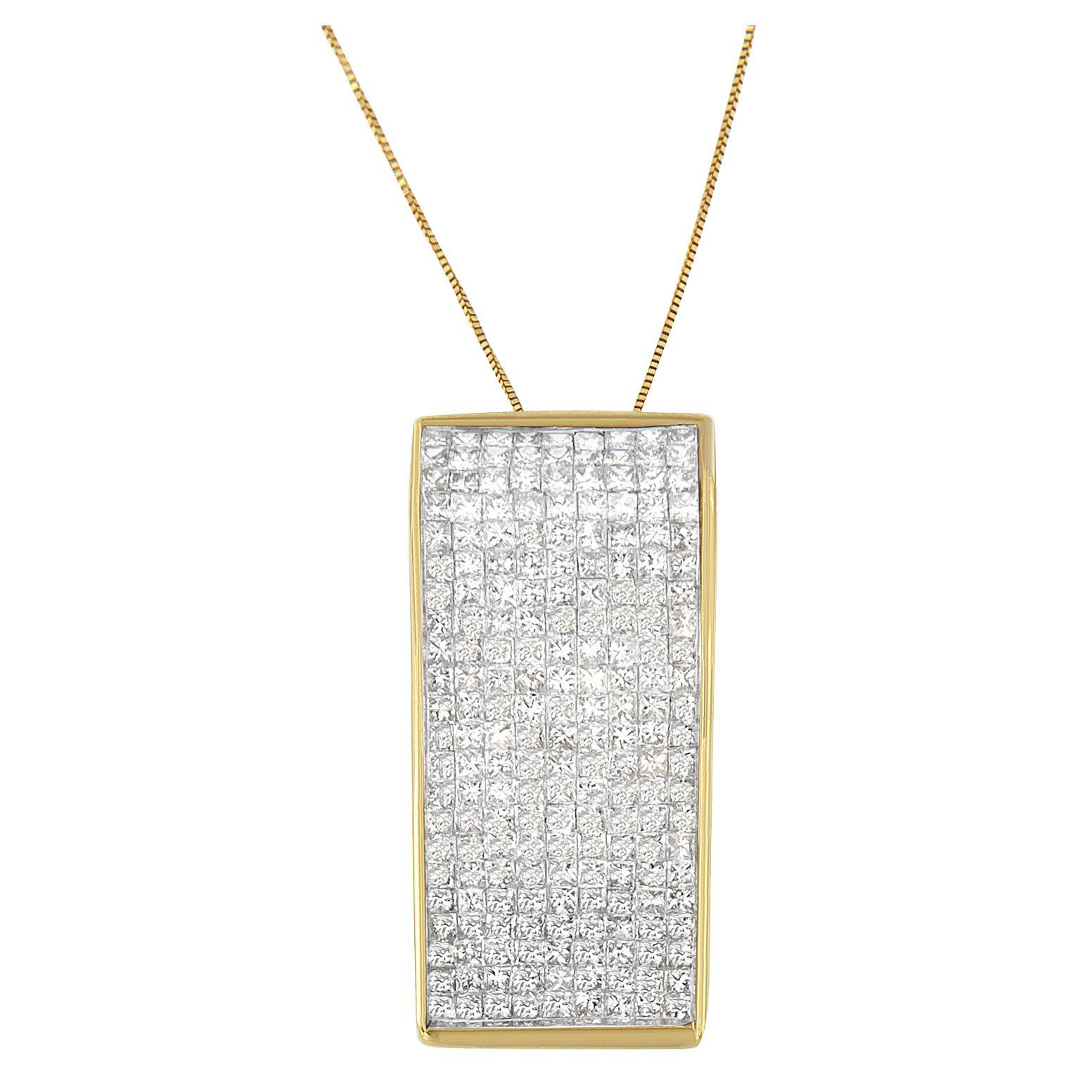 14K Yellow Gold 2 5/8 Carat Princess Cut Diamond Block Pendant Necklace For Sale