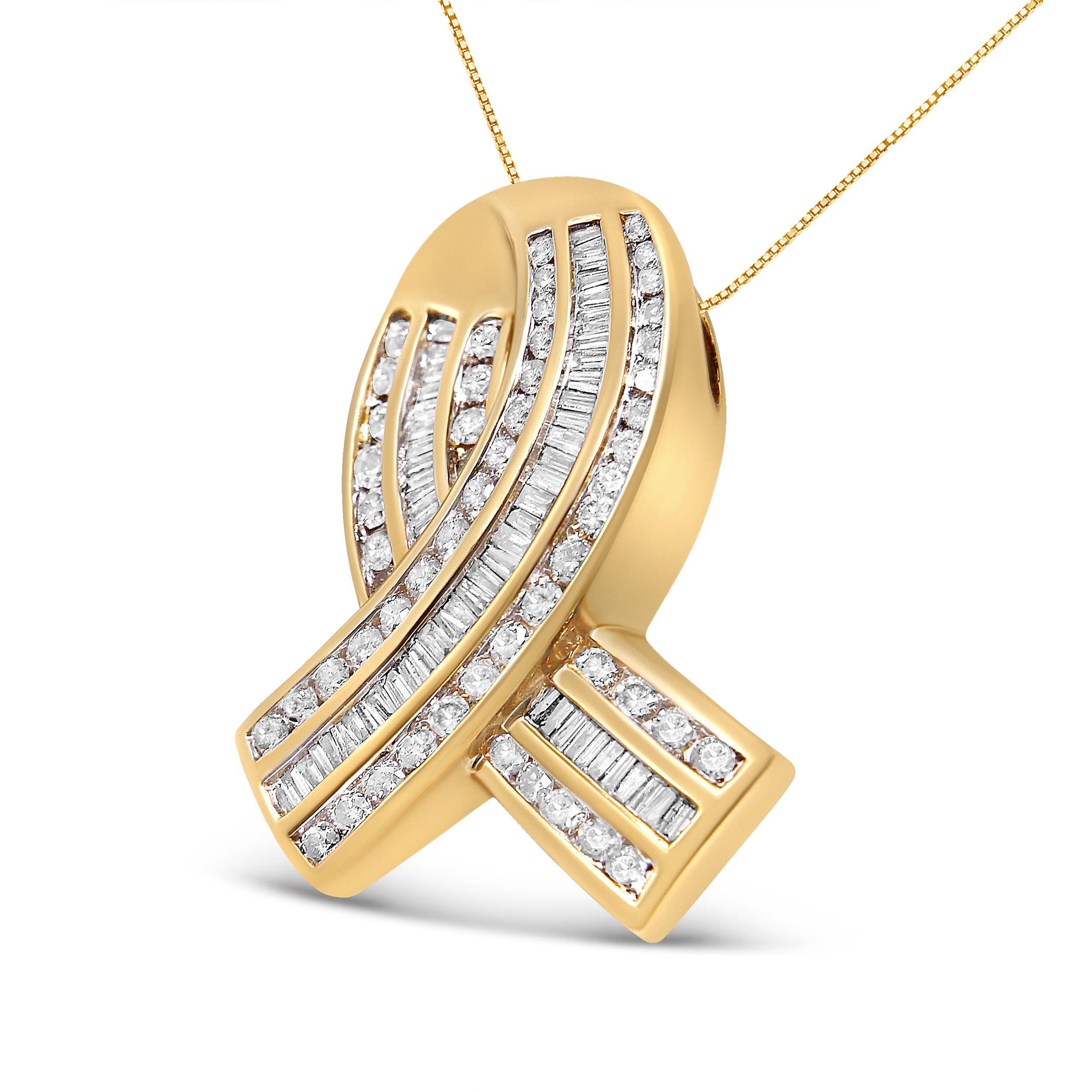 This gorgeous 14k yellow gold pendant necklace features 2 5/8 cttw of beautiful, natural round and baguette diamonds across three rows on either side coming down the ribbon. On either side of the ribbon sits two rows of round-cut diamonds with a row