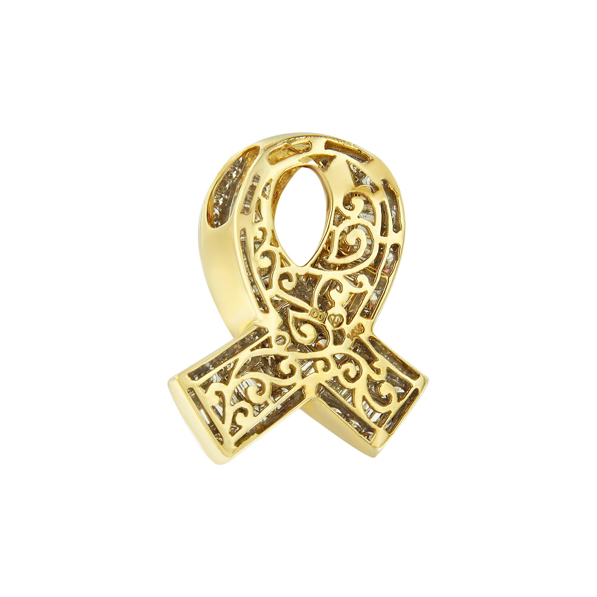 Round Cut 14K Yellow Gold 2 5/8 Carat White Diamond Awareness Ribbon Pendant Necklace For Sale