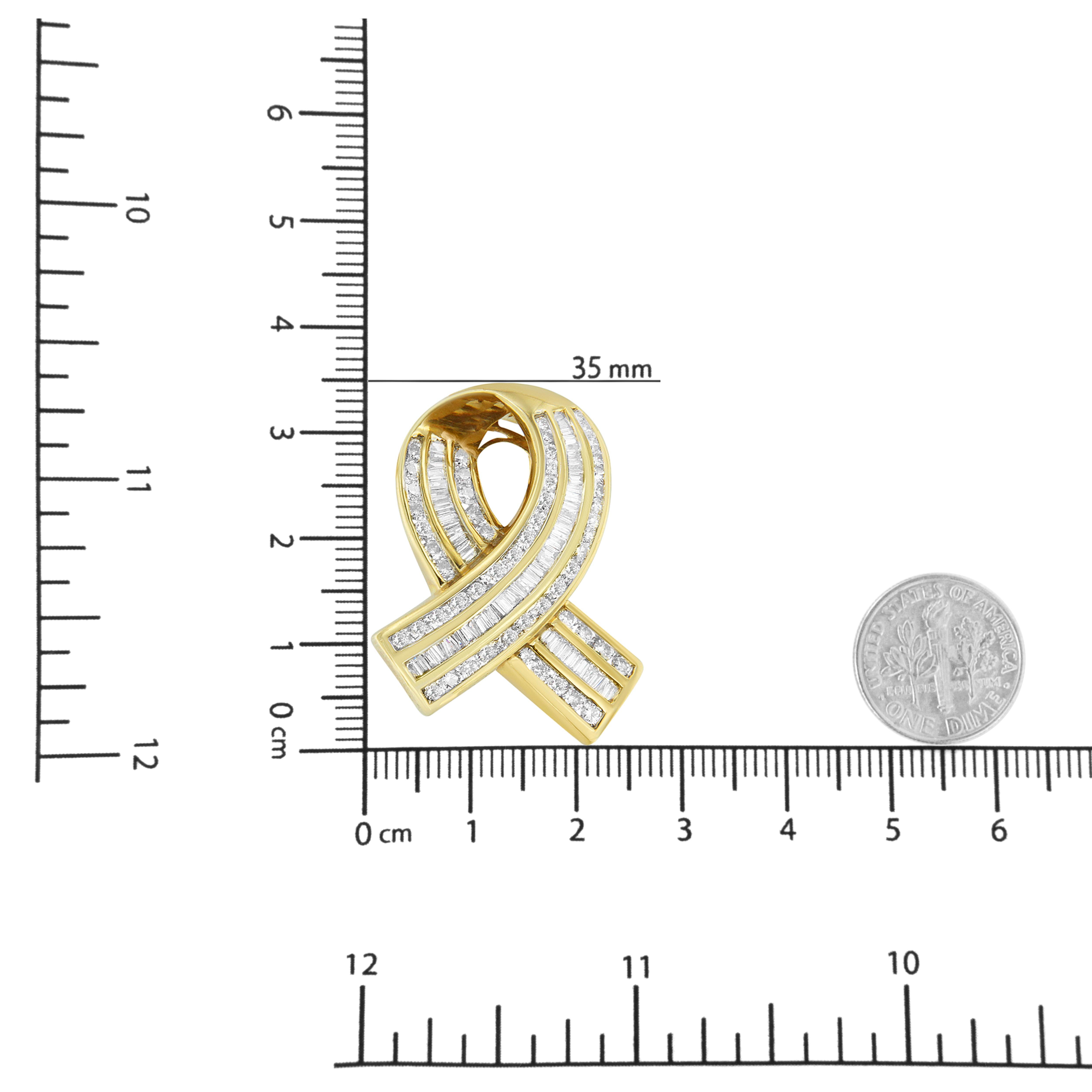 Women's 14K Yellow Gold 2 5/8 Carat White Diamond Awareness Ribbon Pendant Necklace For Sale