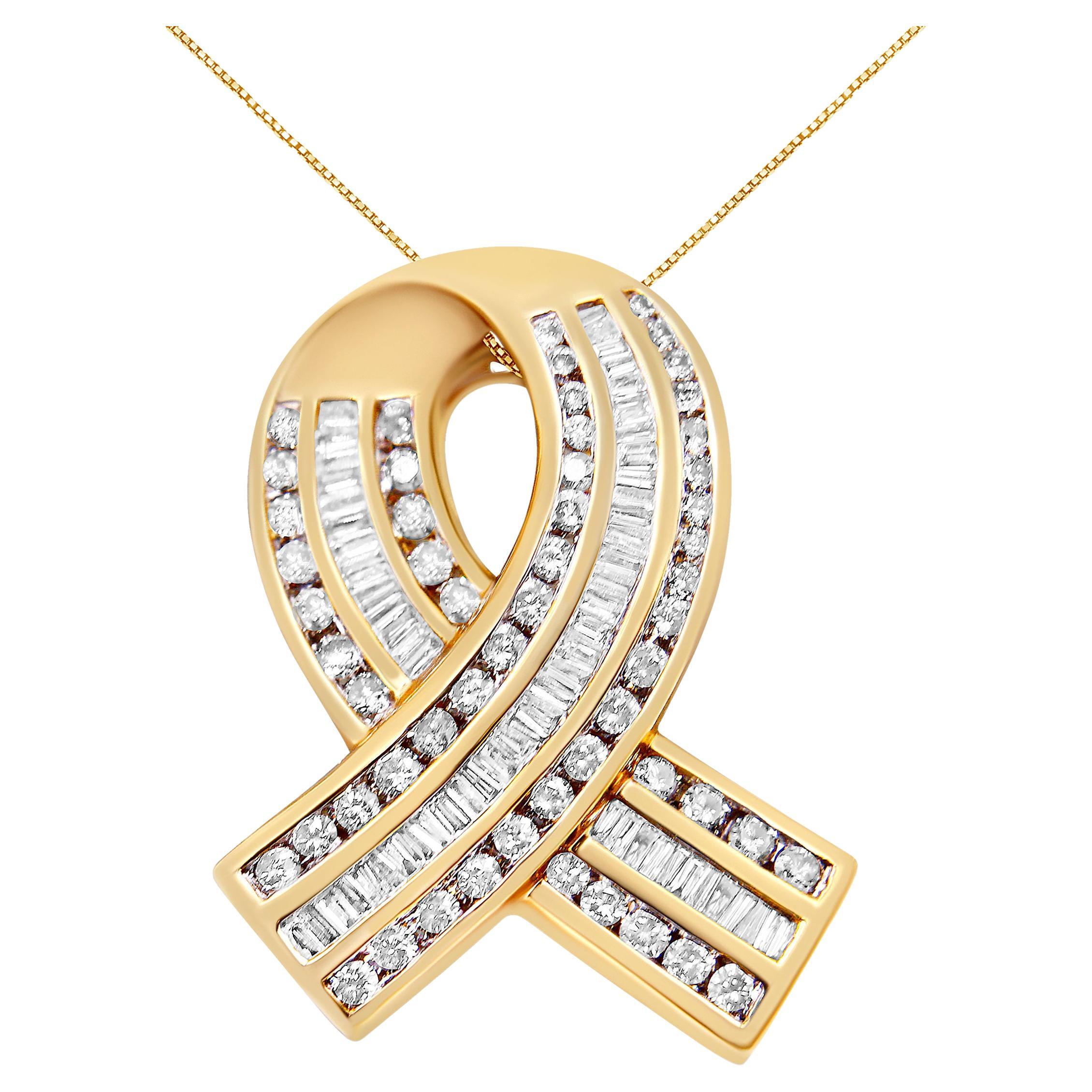 14K Yellow Gold 2 5/8 Carat White Diamond Awareness Ribbon Pendant Necklace
