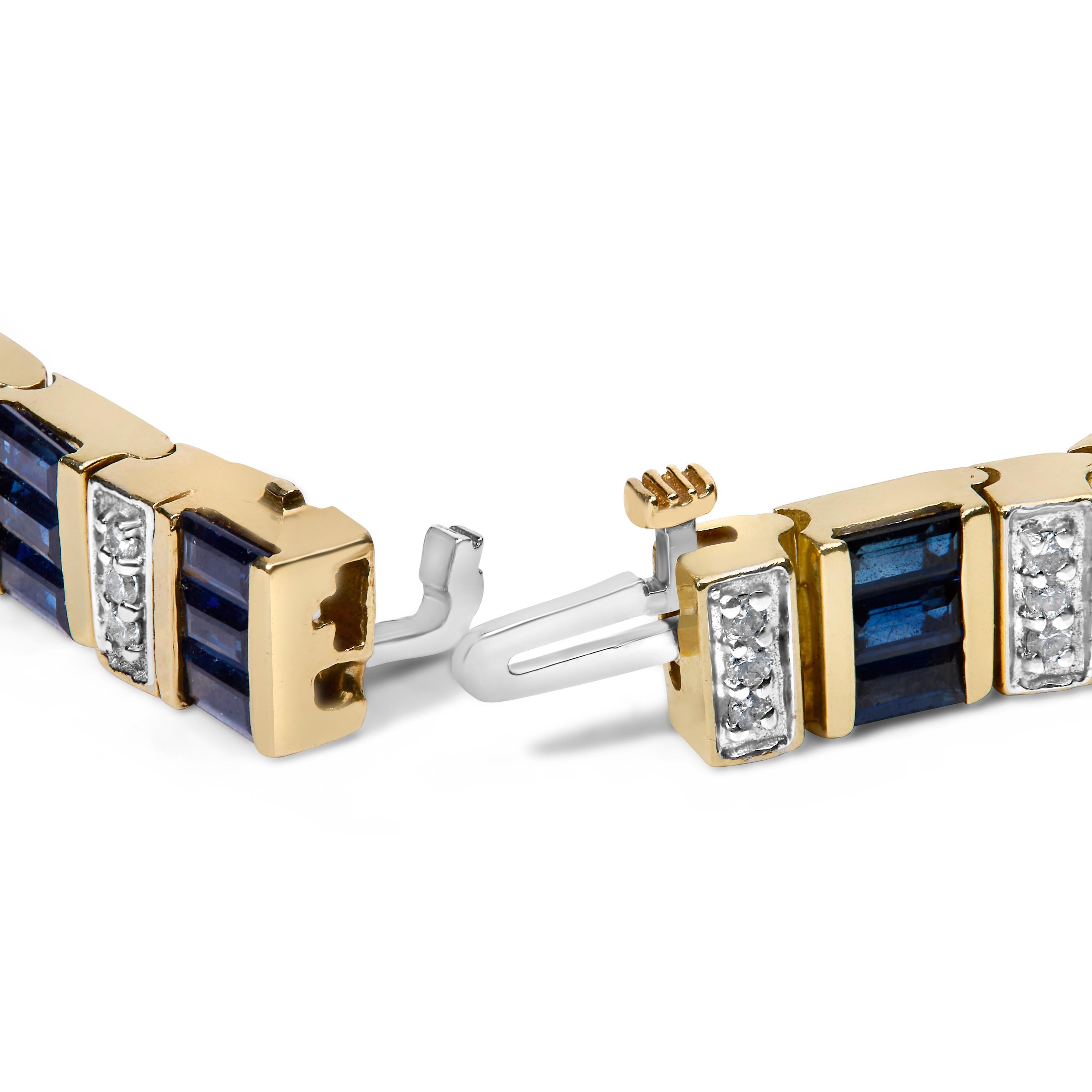 Plongez dans l'élégance somptueuse de ce bracelet en or jaune 14 carats, orné d'une alternance harmonieuse de diamants d'origine naturelle et de saphirs traités de couleur bleu vif. Chaque maillon abrite un diamant étincelant, de couleur G-H et de