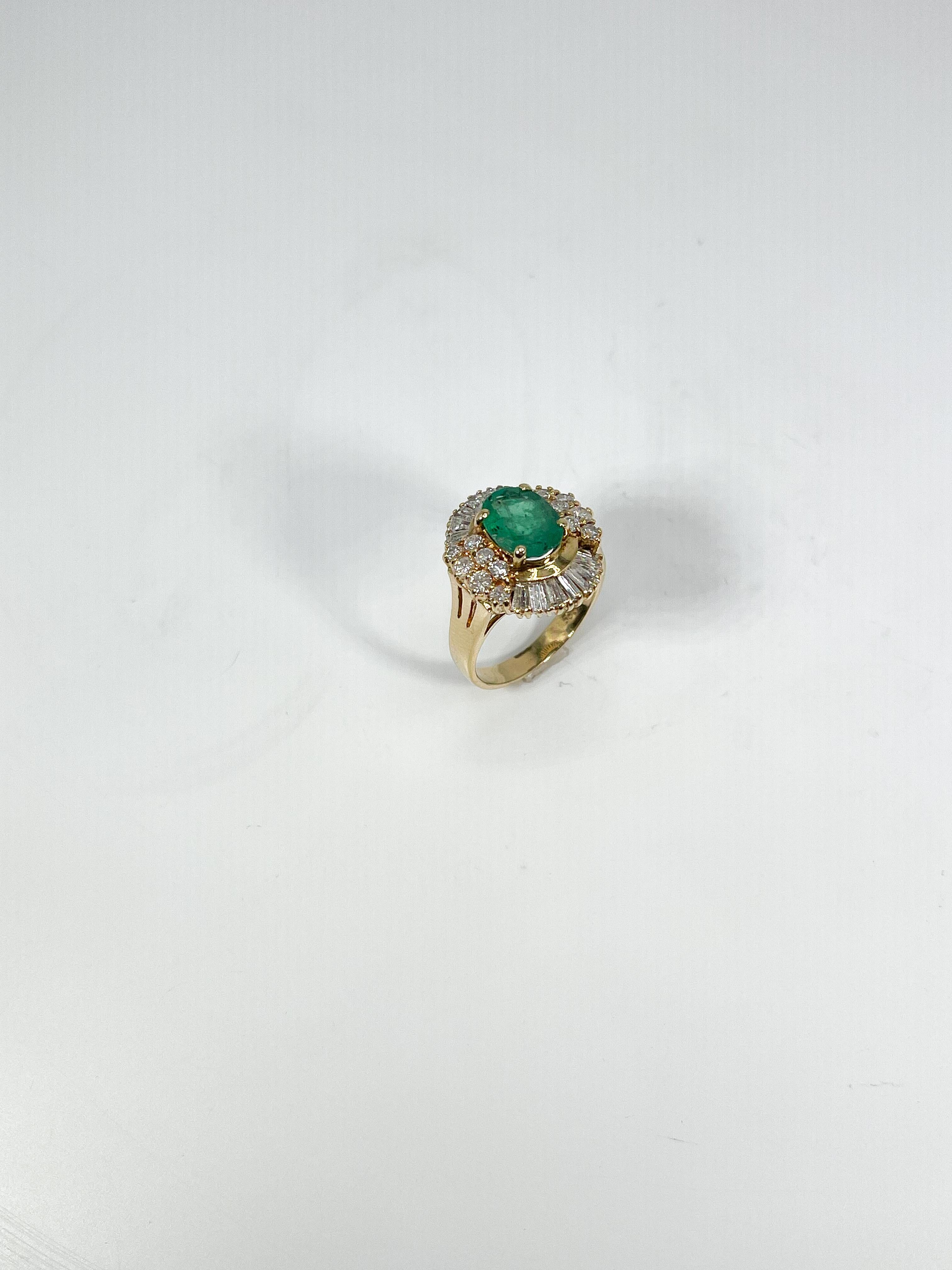 Oval Cut 14K Yellow Gold 2 CT Emerald and 1 CTW Diamond Ballerina Ring For Sale