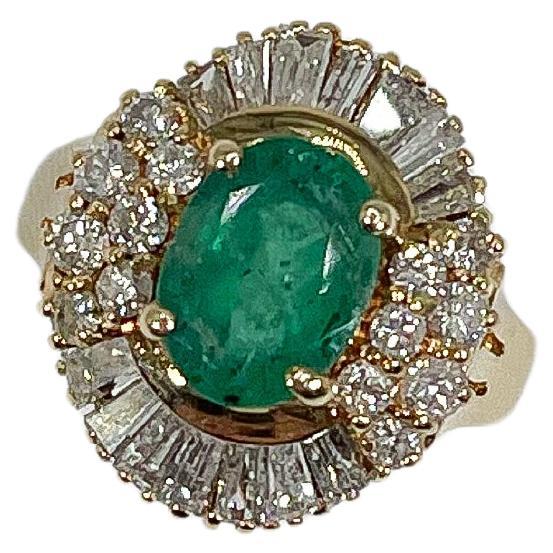 14K Yellow Gold 2 CT Emerald and 1 CTW Diamond Ballerina Ring For Sale