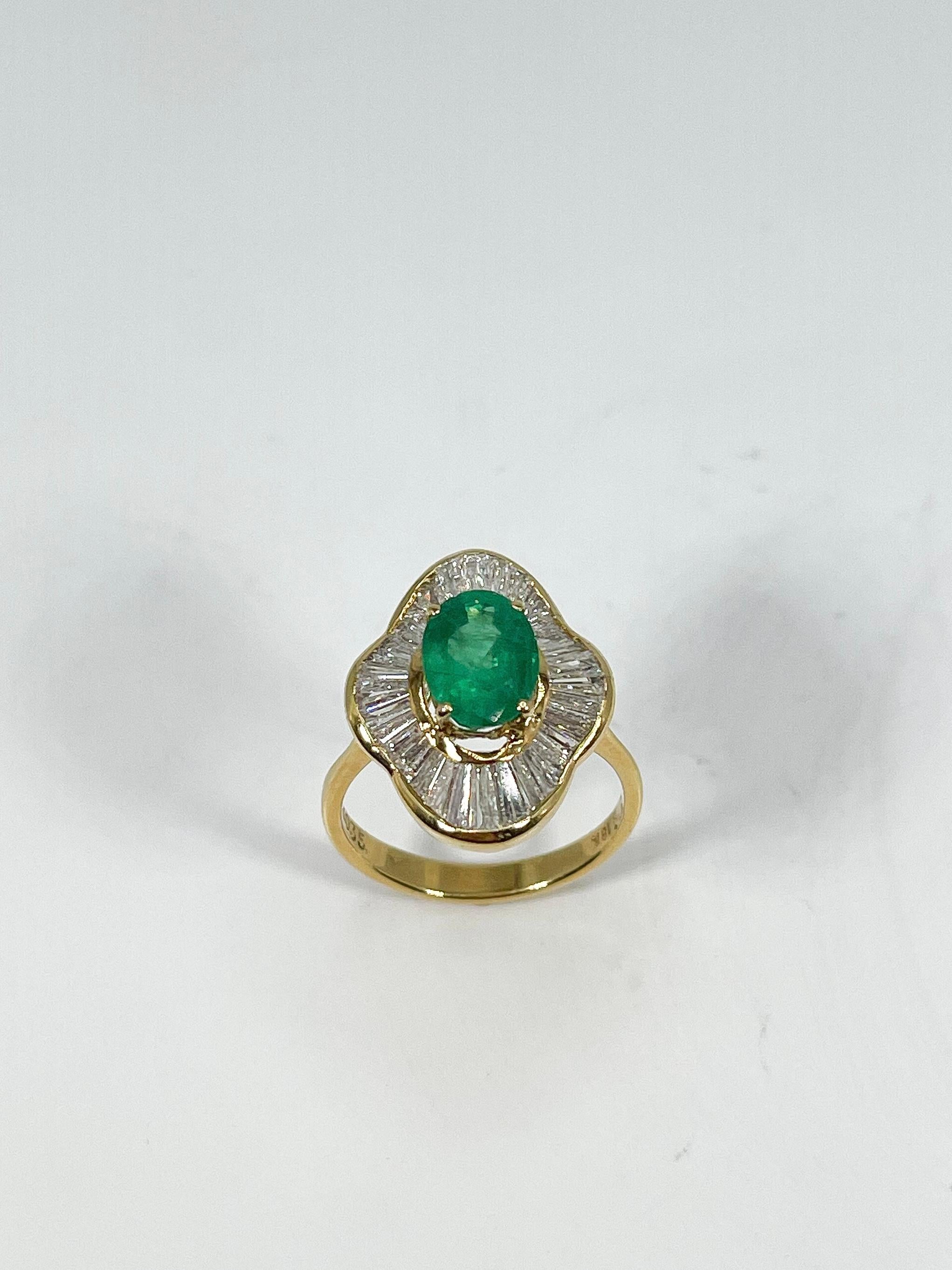 Oval Cut 14K Yellow Gold 2 CT Oval Emerald and 1 CTW Diamond Ballerina ring For Sale