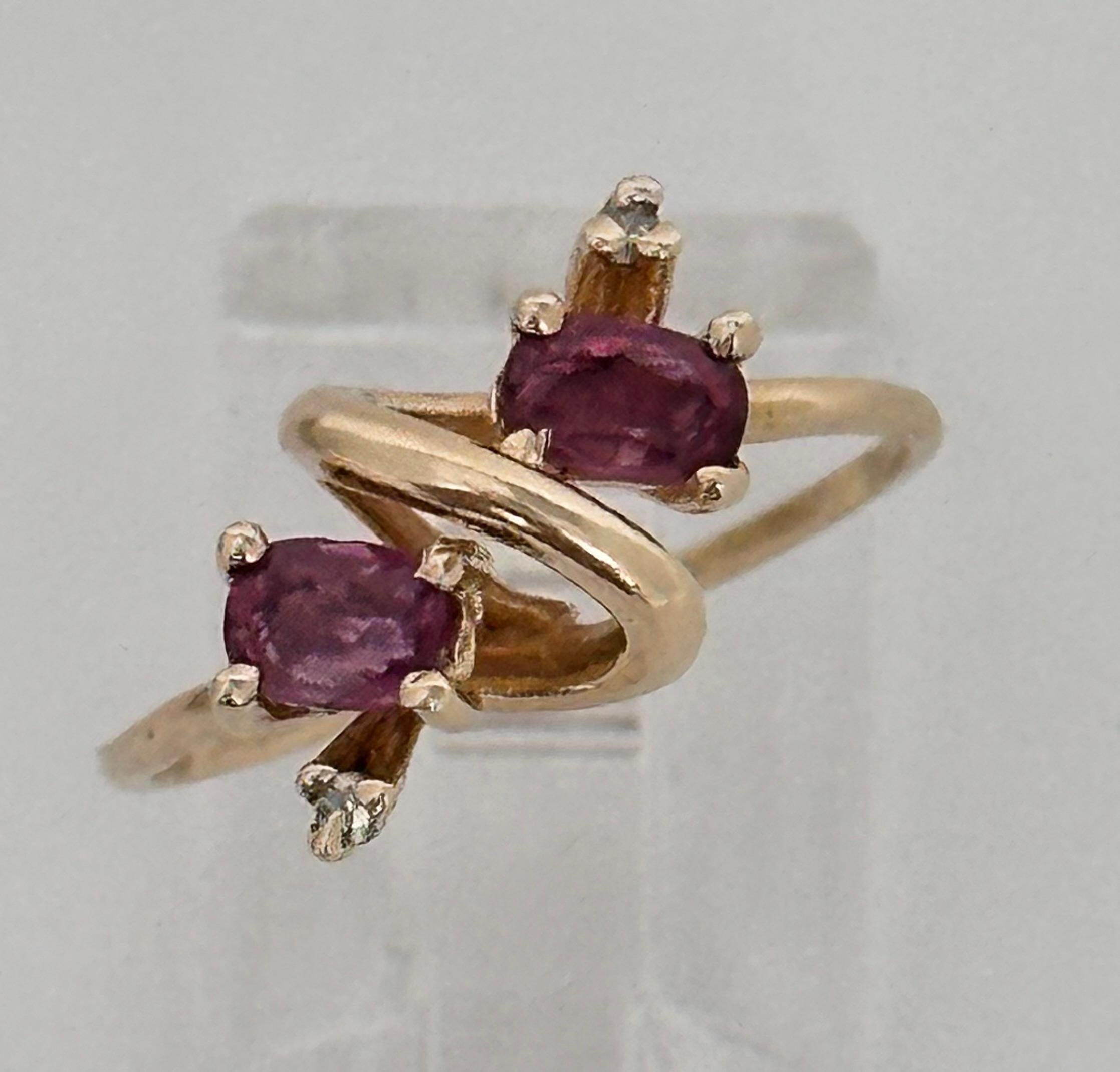 Artisan 14k Yellow Gold ~ 2 Oval Ruby's and Diamond ~ Ring ~ Size 6 For Sale