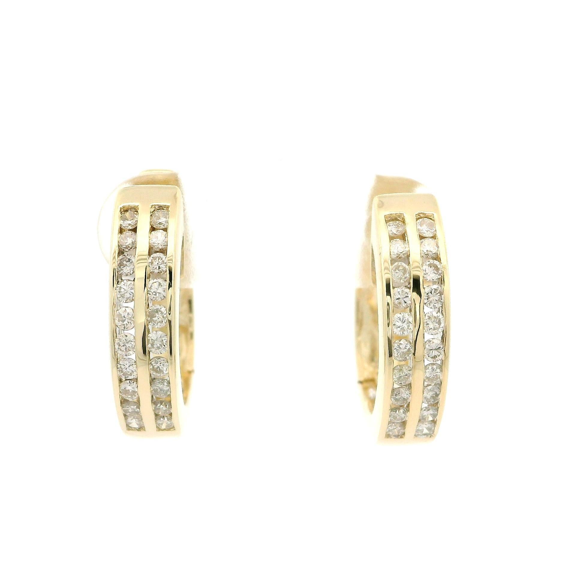 Women's 14k Yellow Gold 2 Row 0.60ctw Channel Set Diamond Classic Huggie Hoop Earrings For Sale