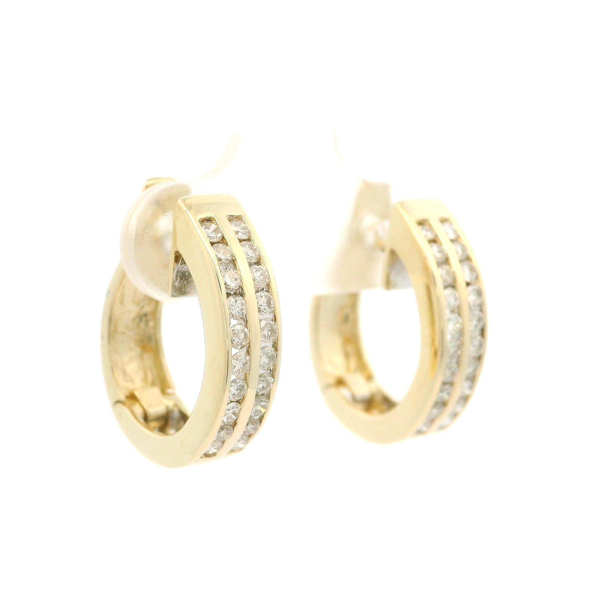 14k Yellow Gold 2 Row 0.60ctw Channel Set Diamond Classic Huggie Hoop Earrings For Sale 1