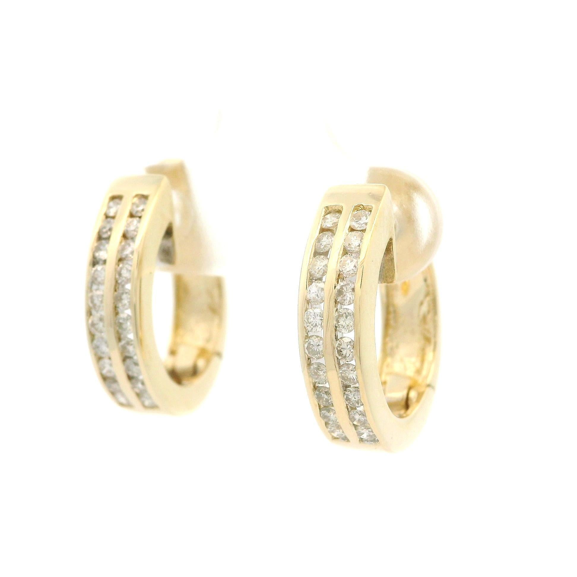 14k Yellow Gold 2 Row 0.60ctw Channel Set Diamond Classic Huggie Hoop Earrings For Sale 2