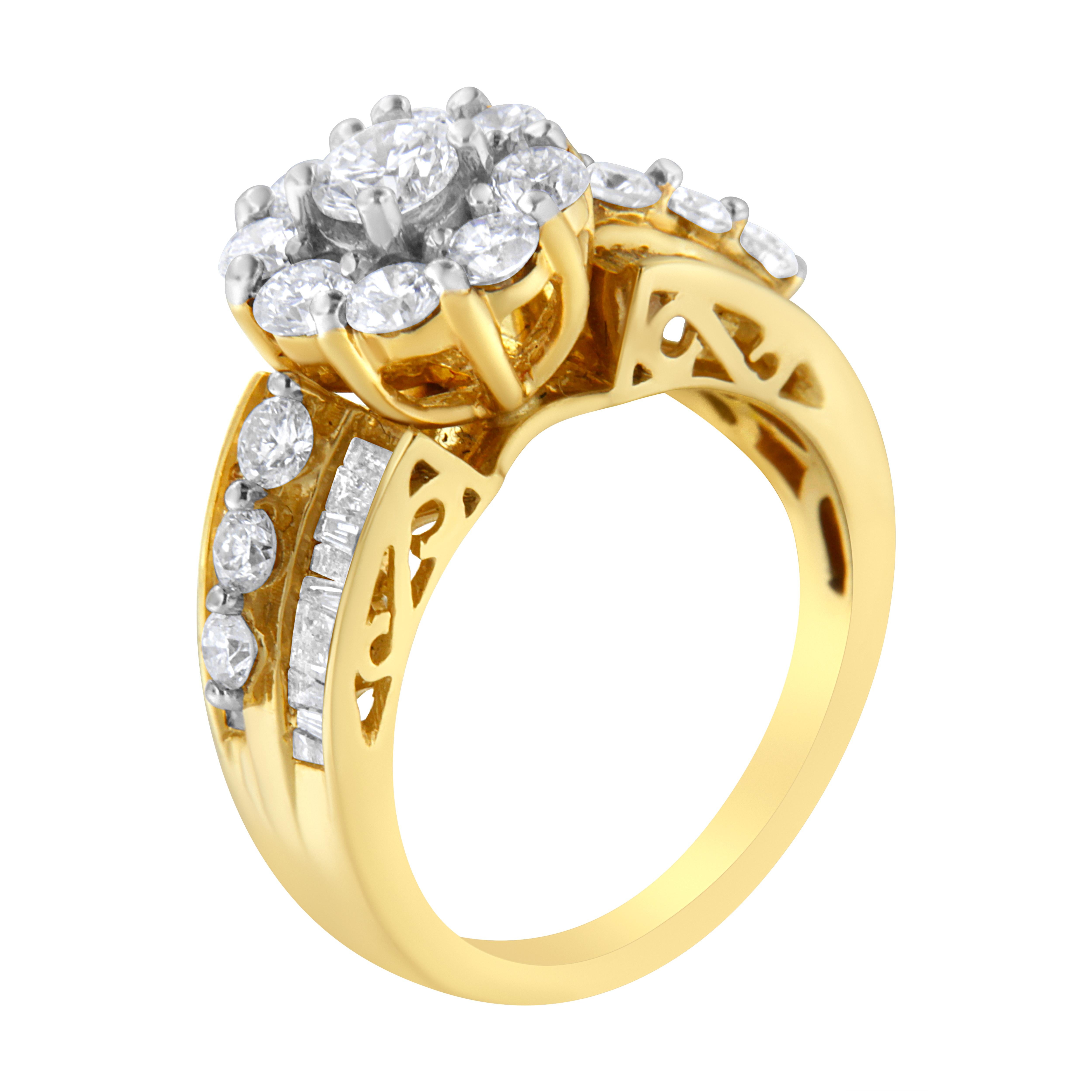 You will fall in love with this 14k yellow gold ring that showcases 2ct TDW of round and baguette diamonds. A round cut diamond composite creates a floral inspired central design. Glittering round diamonds run down either side of the band set in