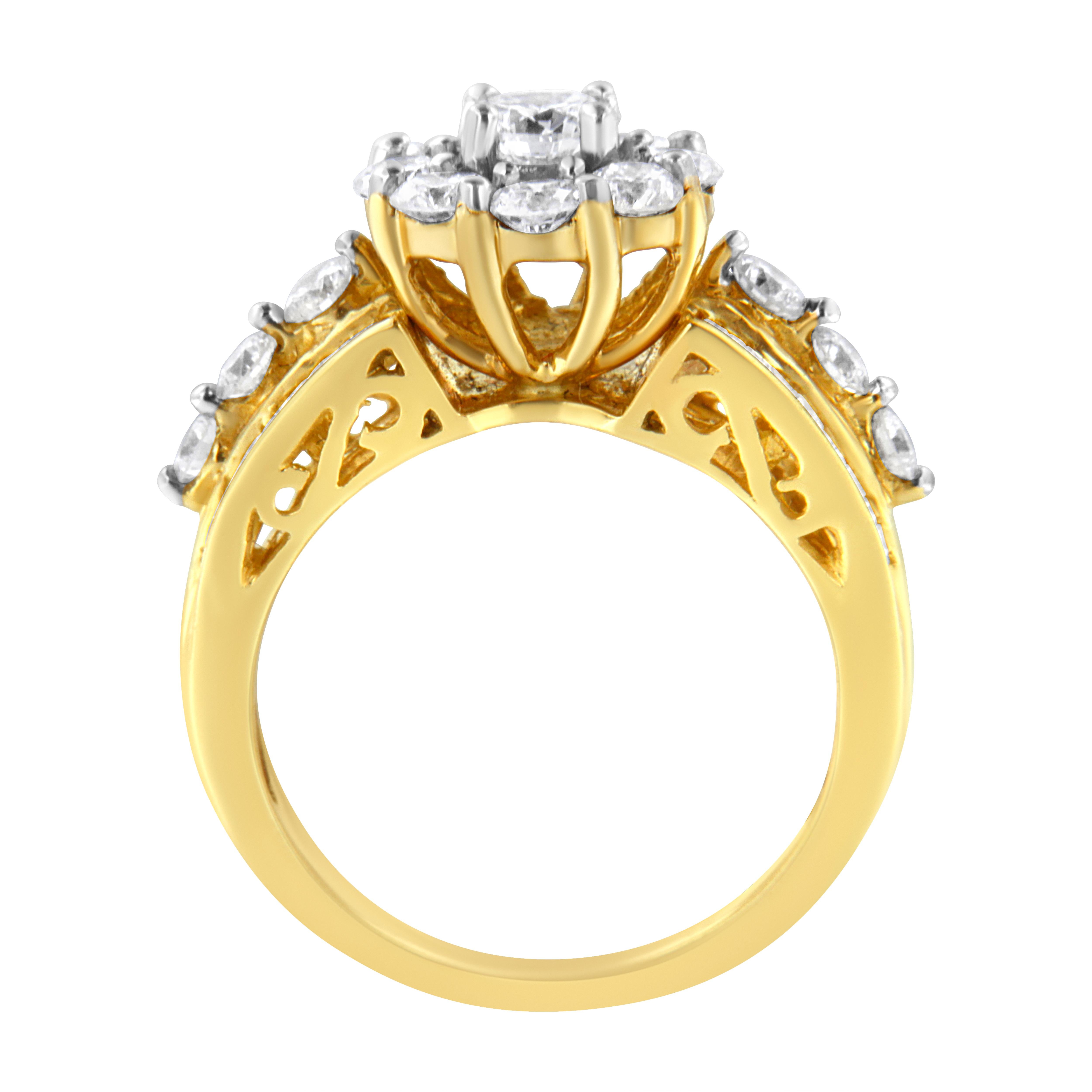 Contemporain Bague en or jaune 14 carats avec diamants taille ronde et baguette brillants de 2,0 carats en vente