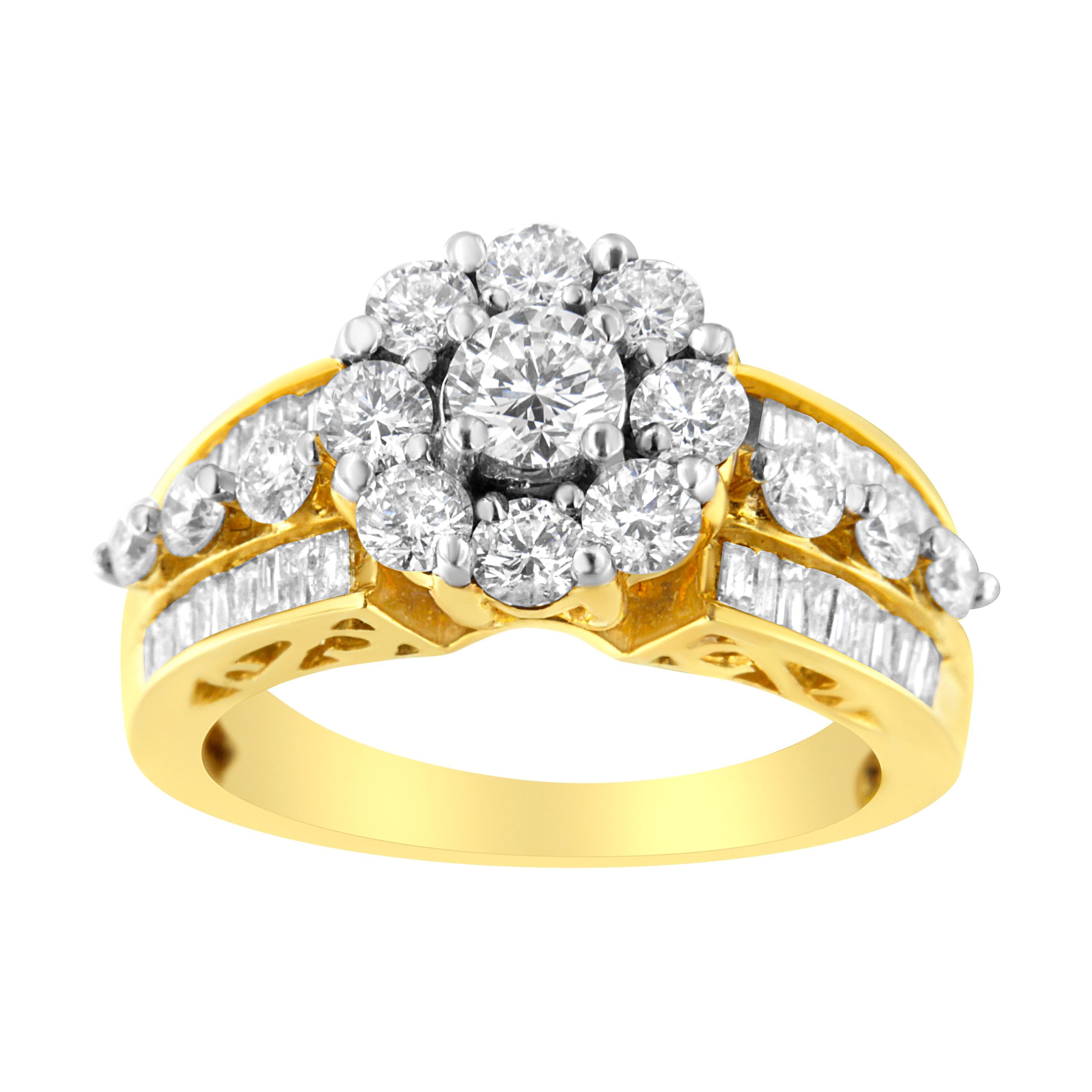 Bague en or jaune 14 carats avec diamants taille ronde et baguette brillants de 2,0 carats