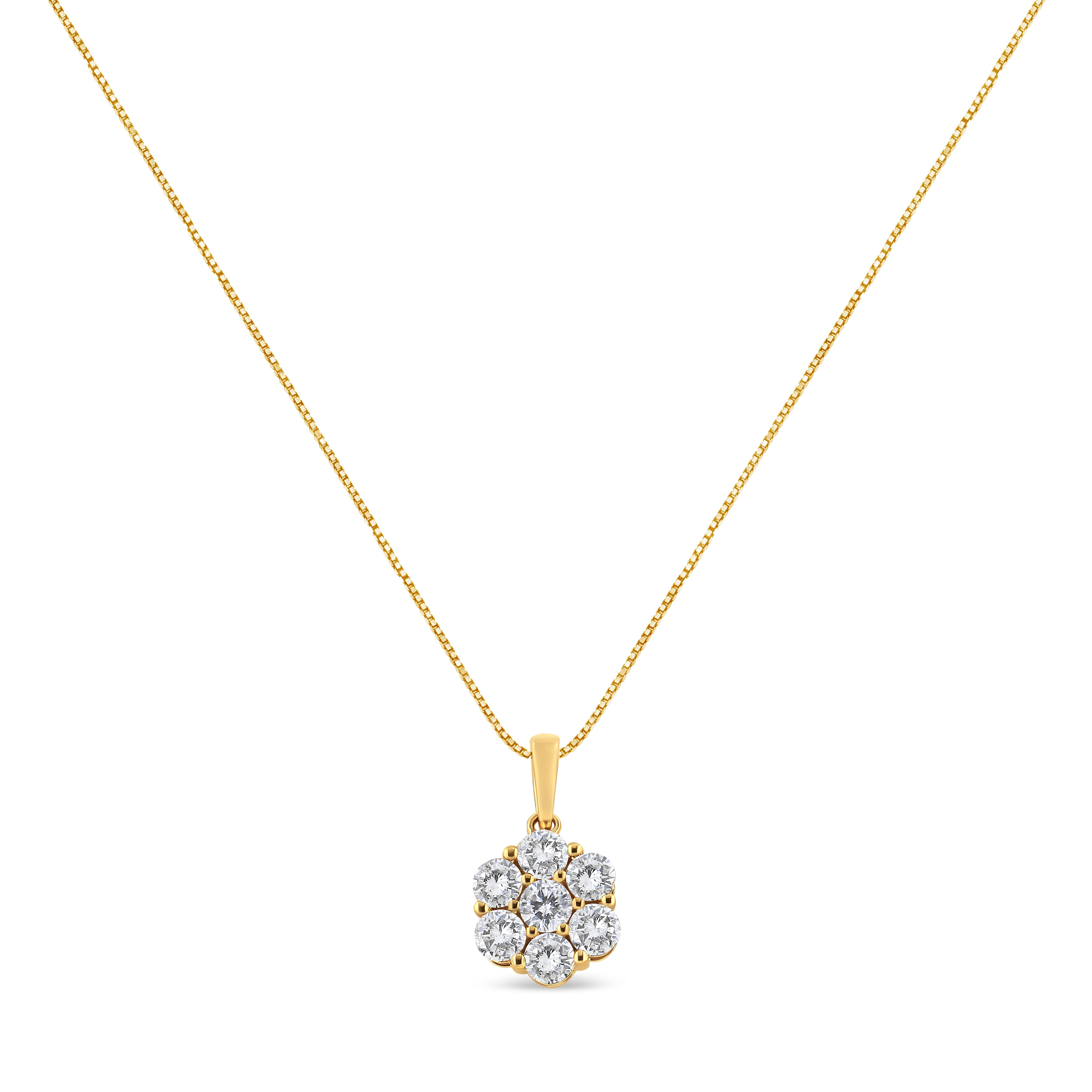 Add a floral touch to your everyday jewelry wear with this stunning 2 cttw diamond cluster pendant. This necklace boasts 7 natural, round-cut diamonds in a flower motif that is created in genuine 14k Yellow Gold. The pendant hangs off of a 14k