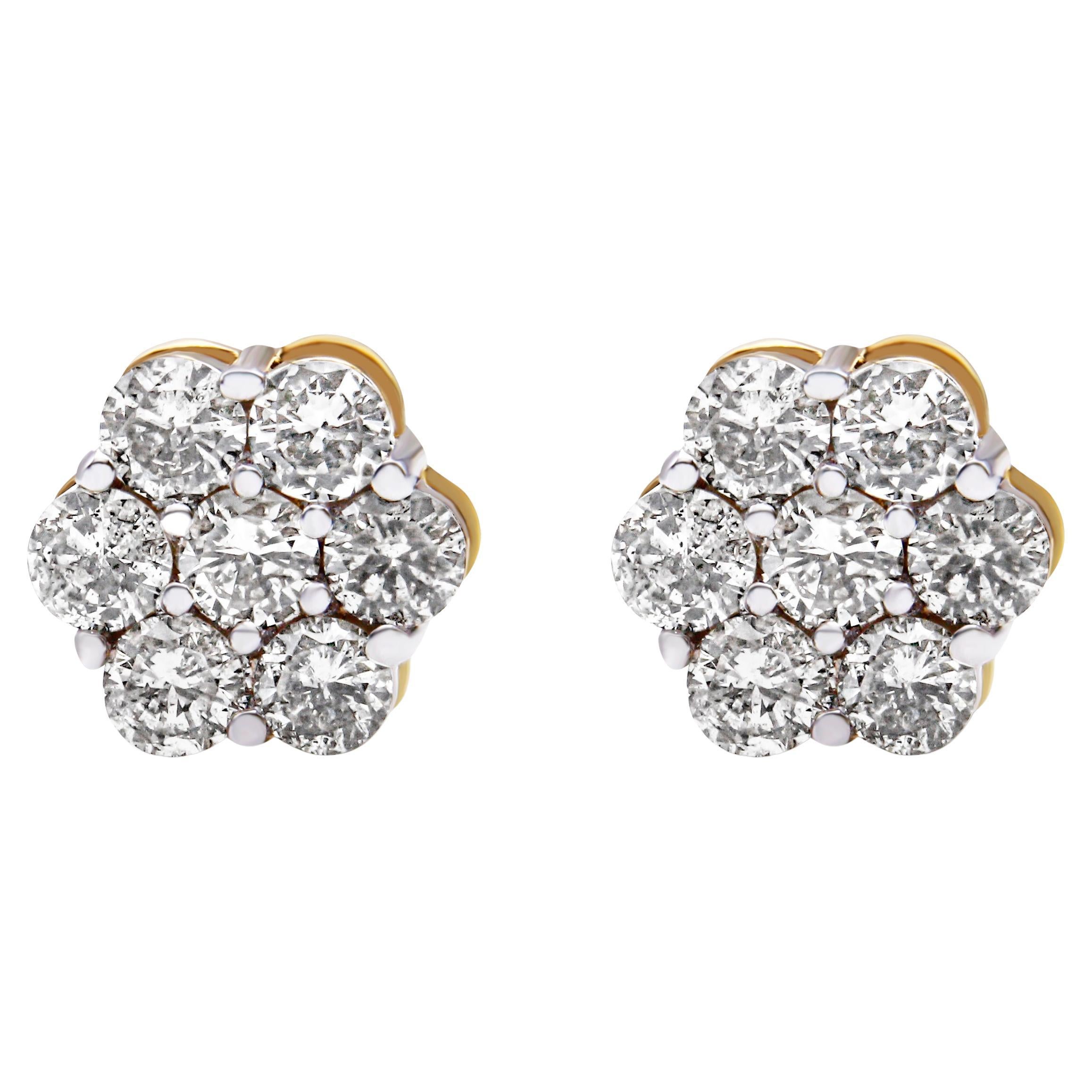 Clous d'oreilles en or jaune 14 carats avec grappe de diamants à fleurs de 2,0 carats et fermoir à vis