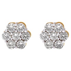 14k Yellow Gold 2.0 Carat Diamond Floral Cluster Stud Earring with Screw Back