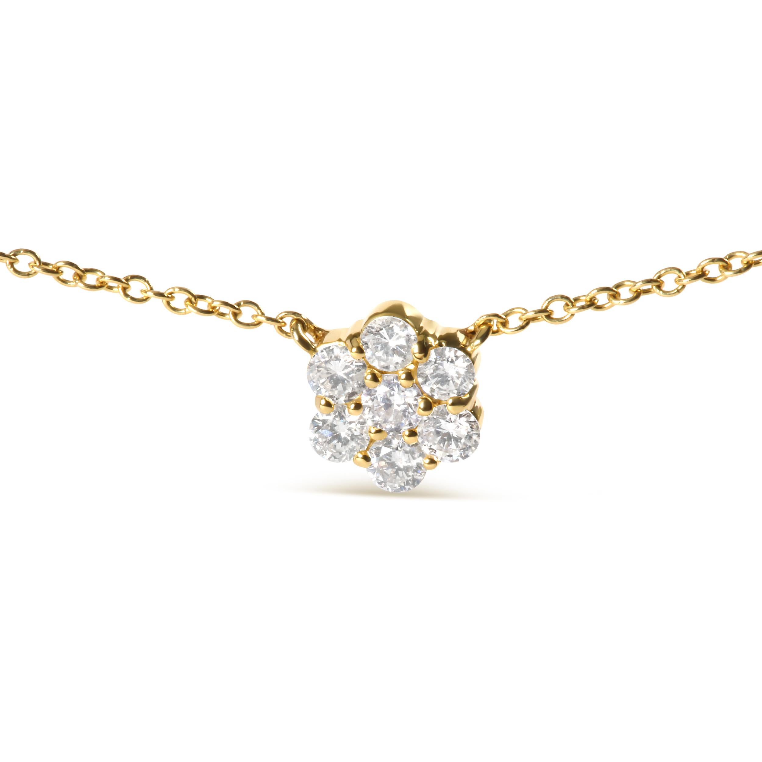 Questa lussuosa collana è il perfetto connubio tra glamour e raffinatezza. Sapientemente realizzata in oro giallo 14 carati, la collana presenta 35 splendidi diamanti rotondi, per un totale di 2 carati, con colore I-J e purezza I1-I2. I diamanti