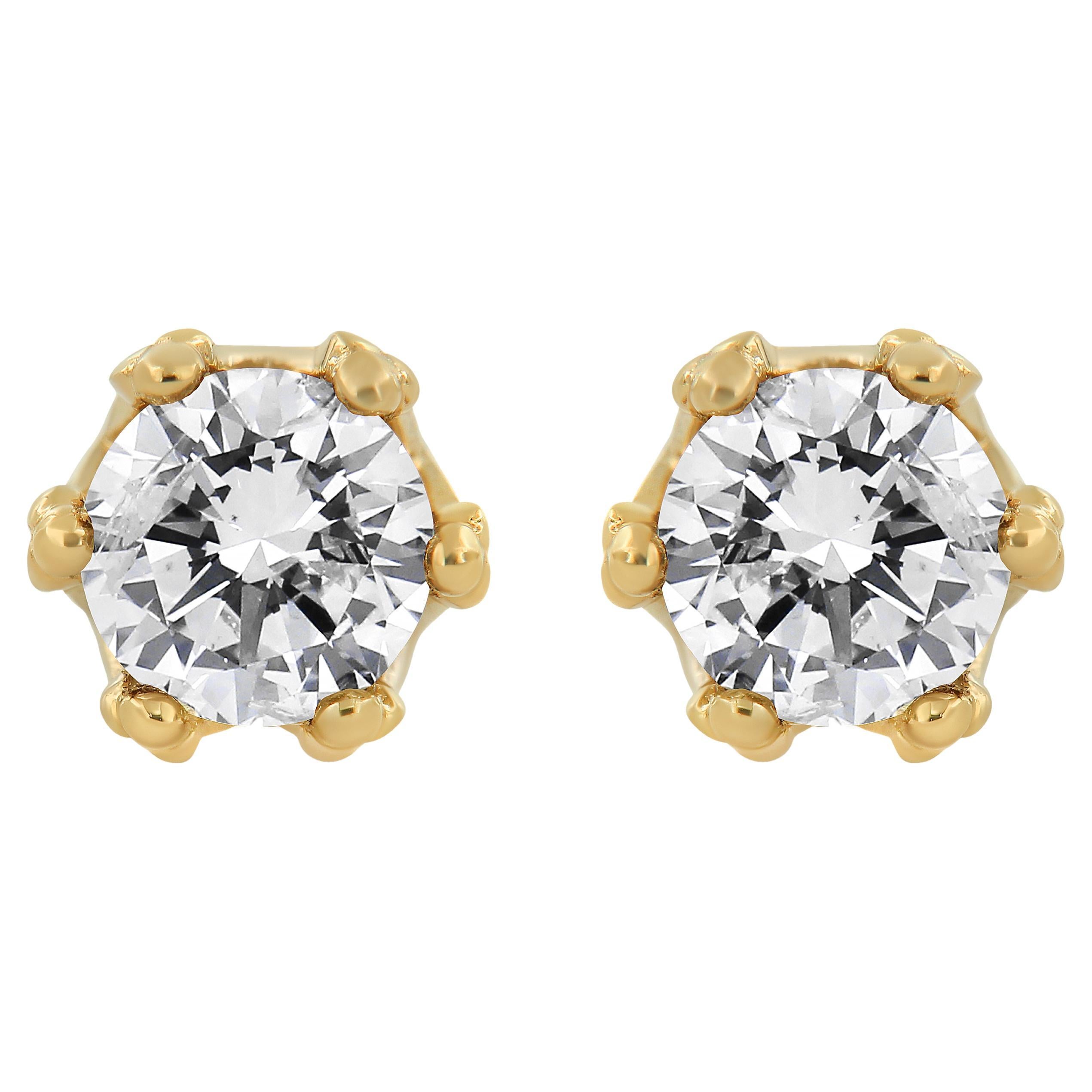 14K Yellow Gold 2.0 Carat Round Diamond Crown Hidden Halo Stud Earrings For Sale