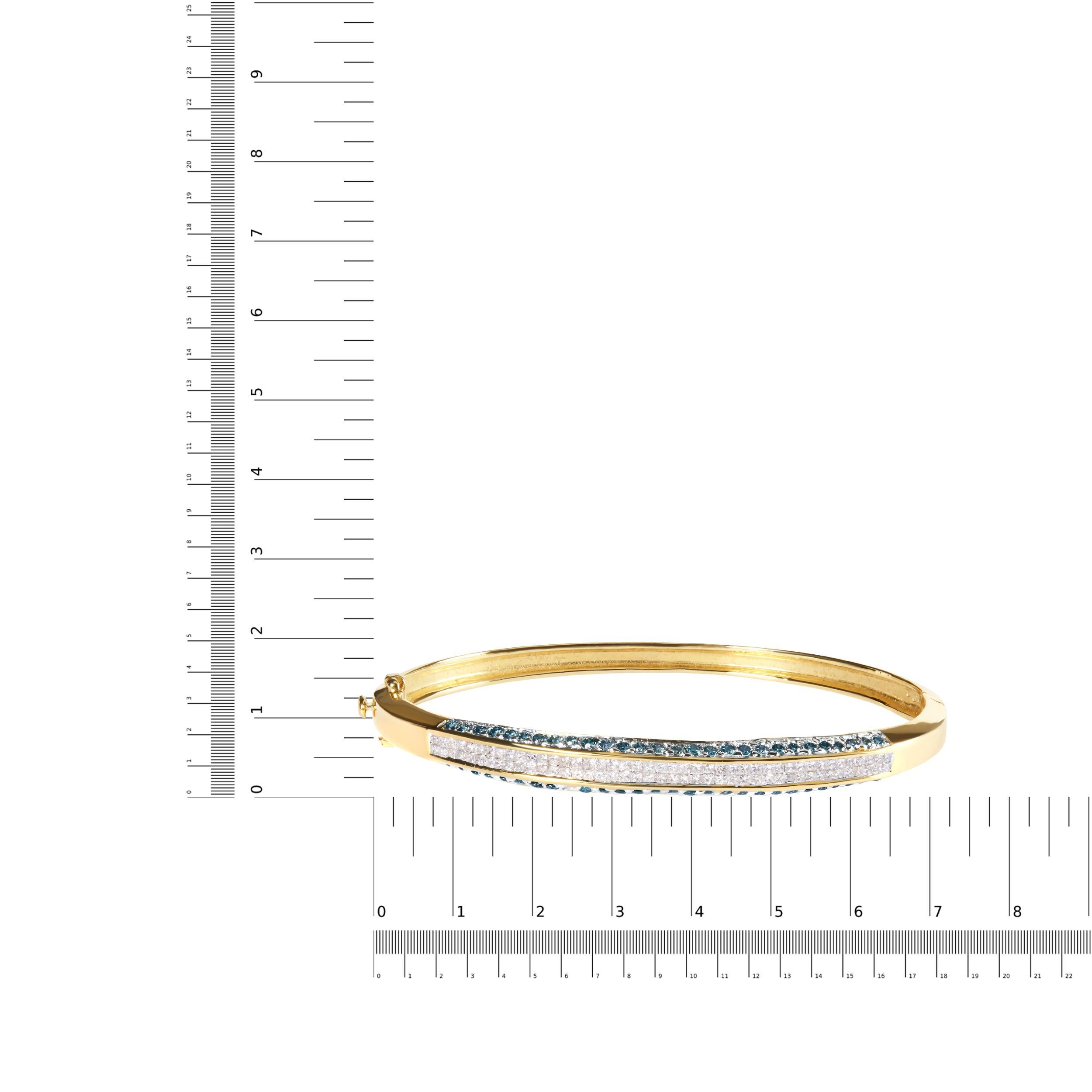 Women's 14K Yellow Gold 2.0 Carat Treated Blue and White Diamond Bangle Bracelet For Sale