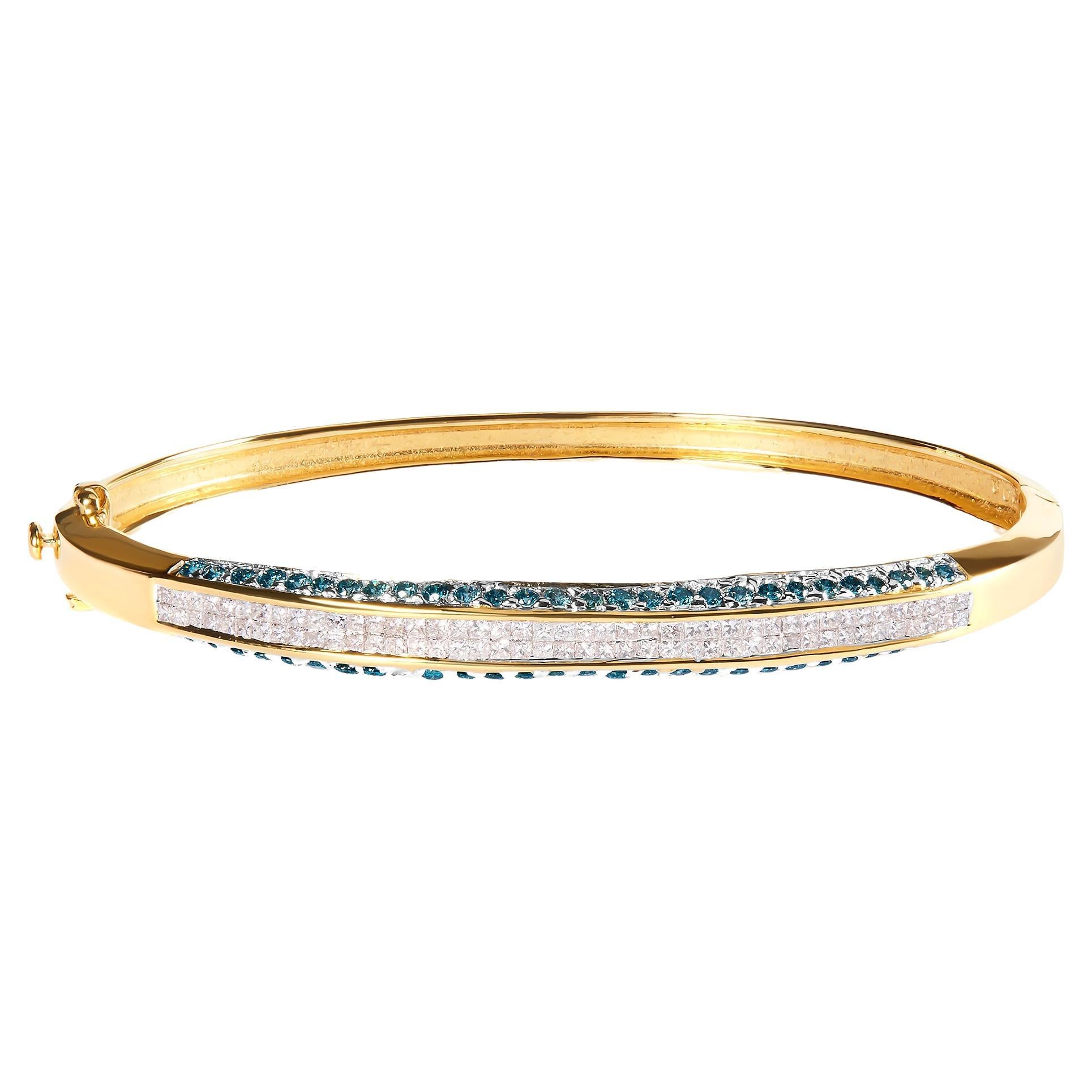 14K Yellow Gold 2.0 Carat Treated Blue and White Diamond Bangle Bracelet For Sale