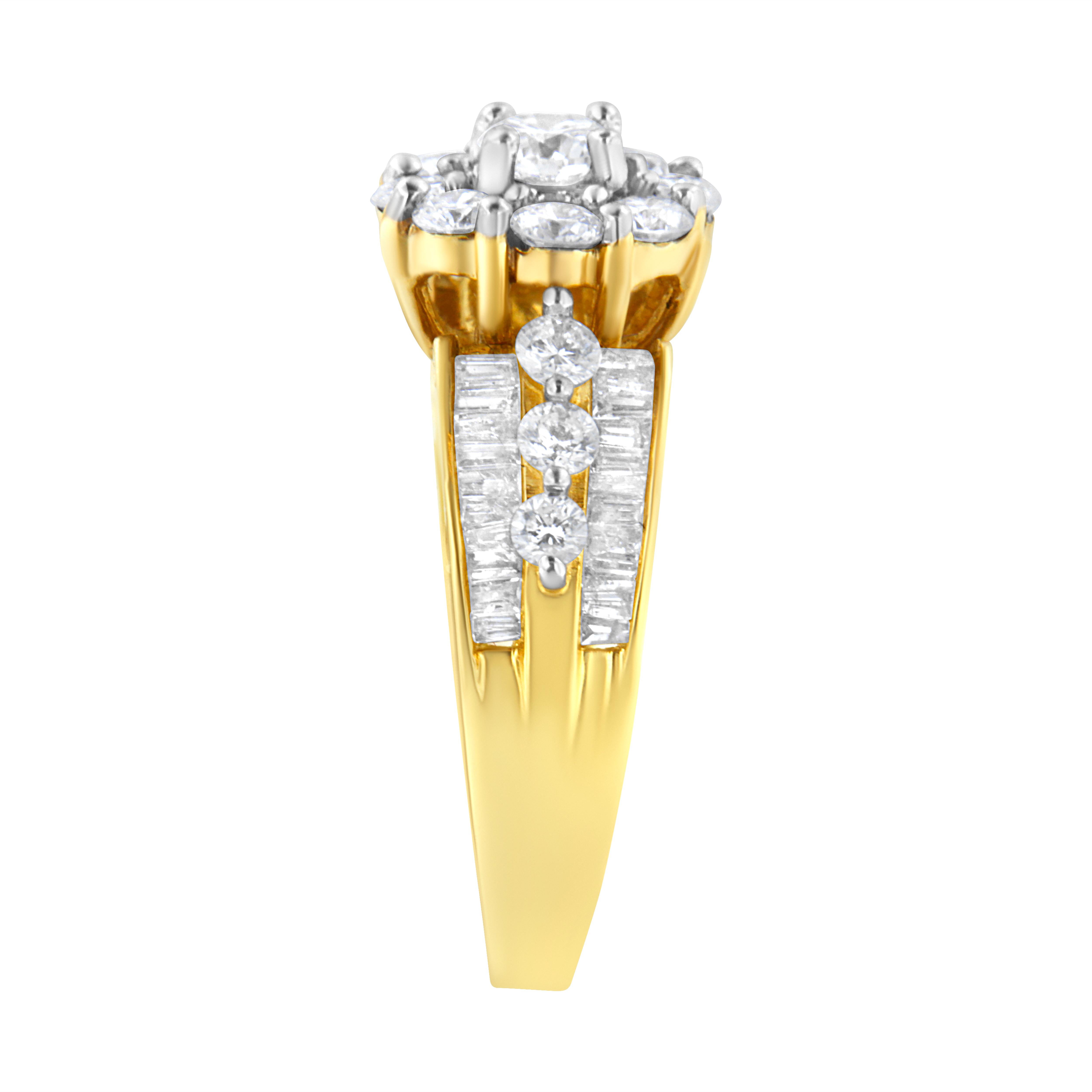 Contemporary 14K Yellow Gold 2.0 Cttw Brilliant Round-Cut and Baguette Diamond Ring For Sale