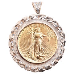 14 Karat Yellow Gold $20 Liberty Coin Pendant with Diamonds