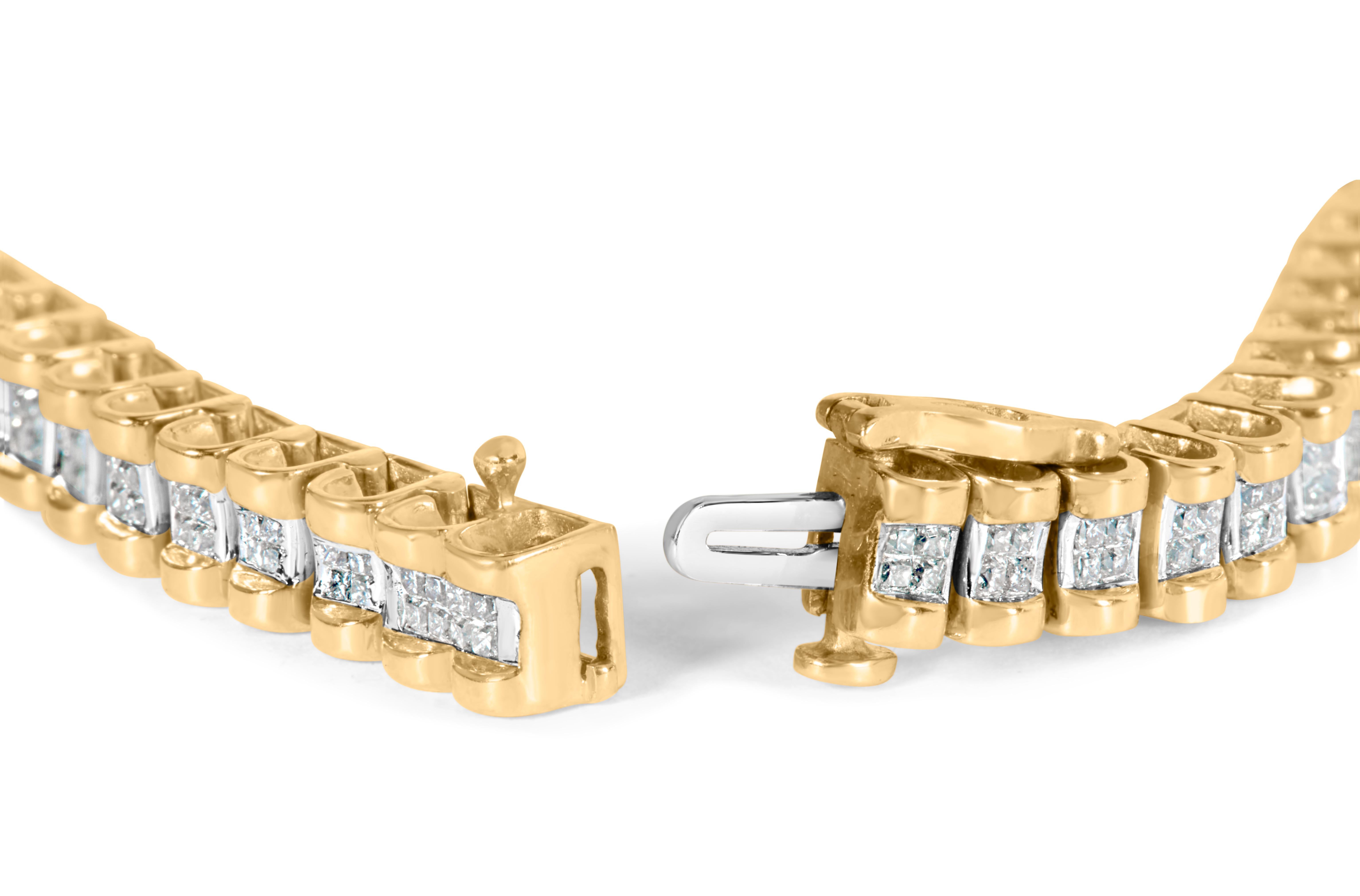 Make a statement with this stunning 14K yellow gold princess-cut diamond link bracelet. The 208 natural diamonds, totaling 2.0 cttw, sparkle brilliantly with their I-J color and I1-I2 clarity, making them the perfect addition to any outfit for any